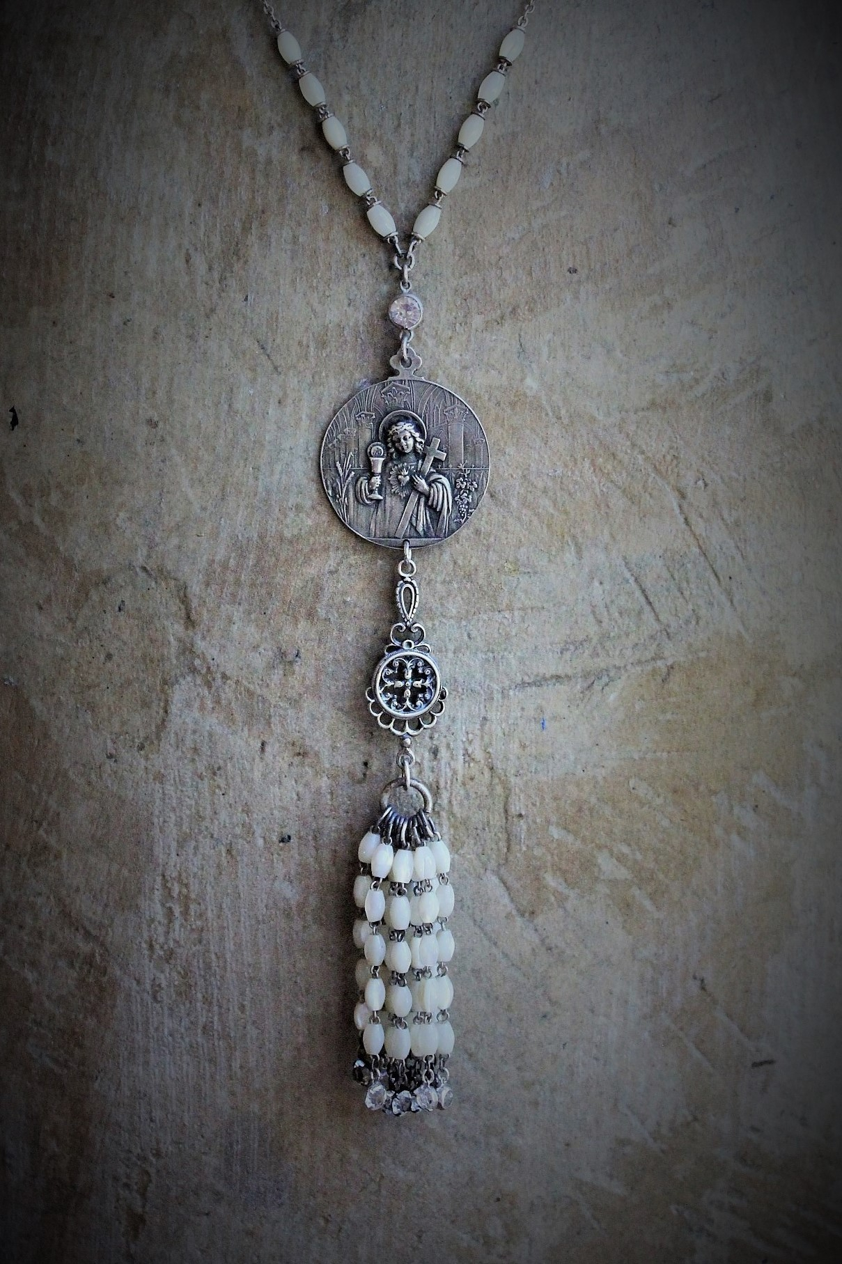 RARE Engraved Antique 1901 French Communion Medal Necklace w/Antique Sterling French Mother of Pearl Rosary Chain,Antique French Mother of Pearl Bead Tassel & Antique Faceted Rock Crystal Drops