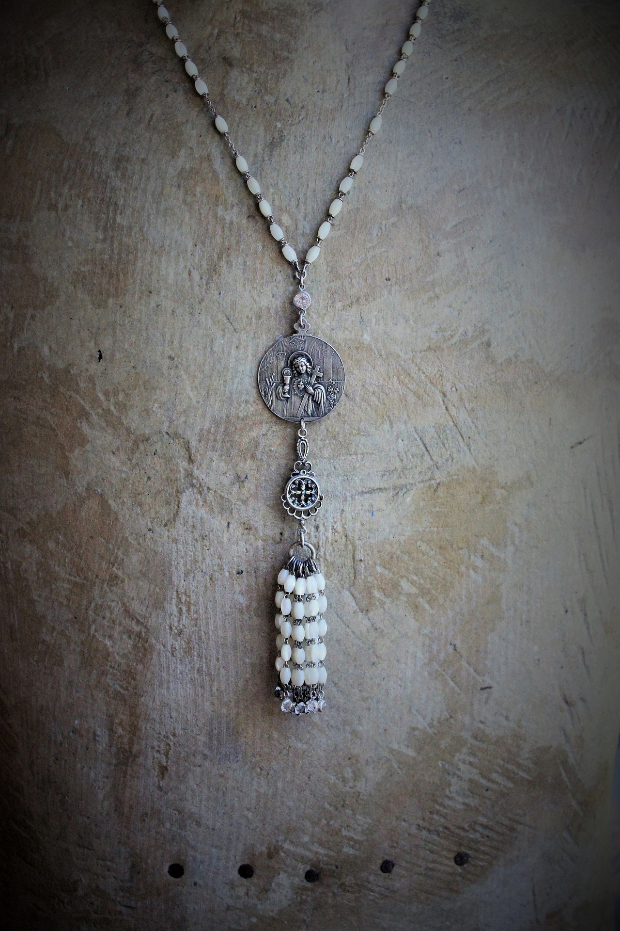 RARE Engraved Antique 1901 French Communion Medal Necklace w/Antique Sterling French Mother of Pearl Rosary Chain,Antique French Mother of Pearl Bead Tassel & Antique Faceted Rock Crystal Drops