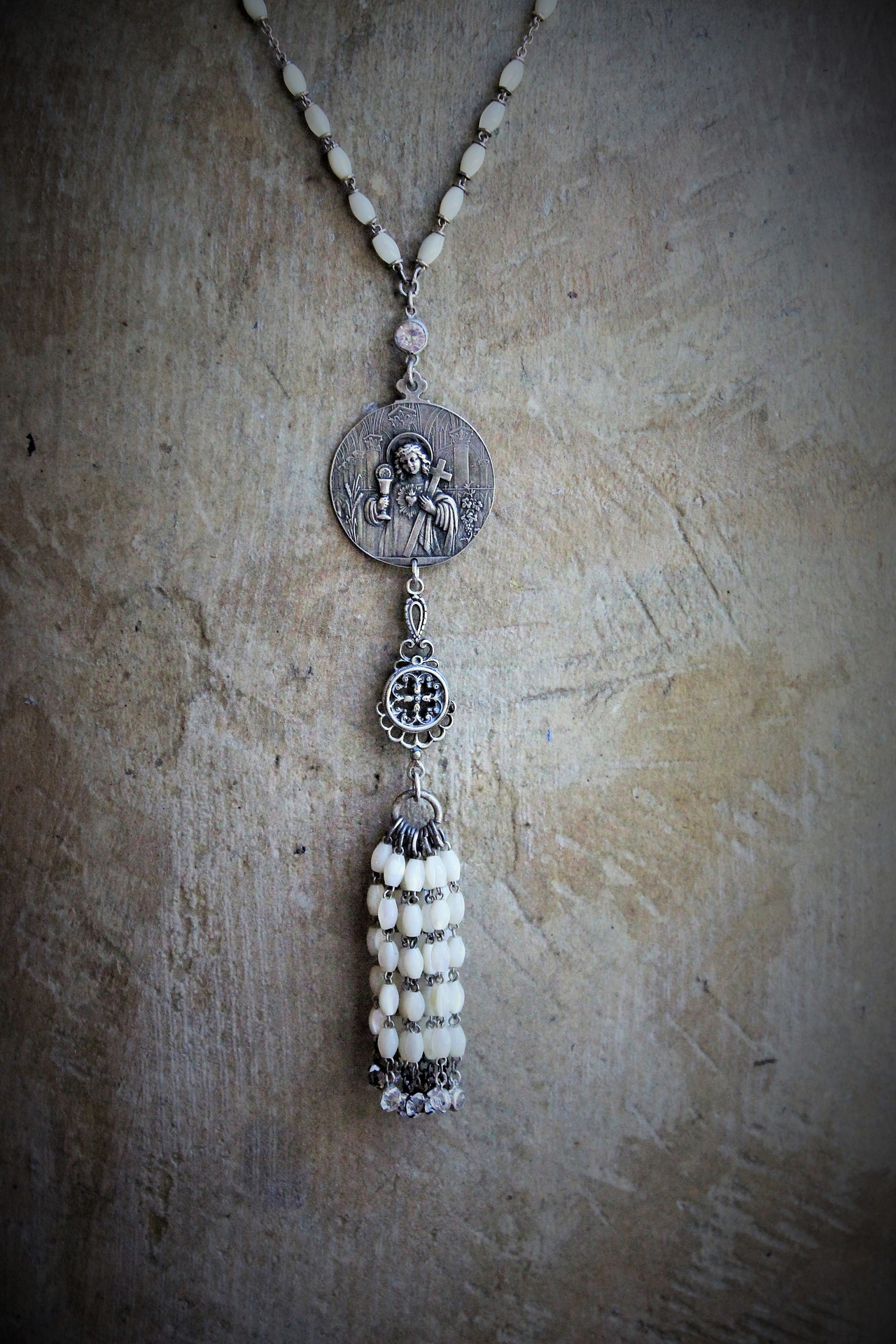 RARE Engraved Antique 1901 French Communion Medal Necklace w/Antique Sterling French Mother of Pearl Rosary Chain,Antique French Mother of Pearl Bead Tassel & Antique Faceted Rock Crystal Drops