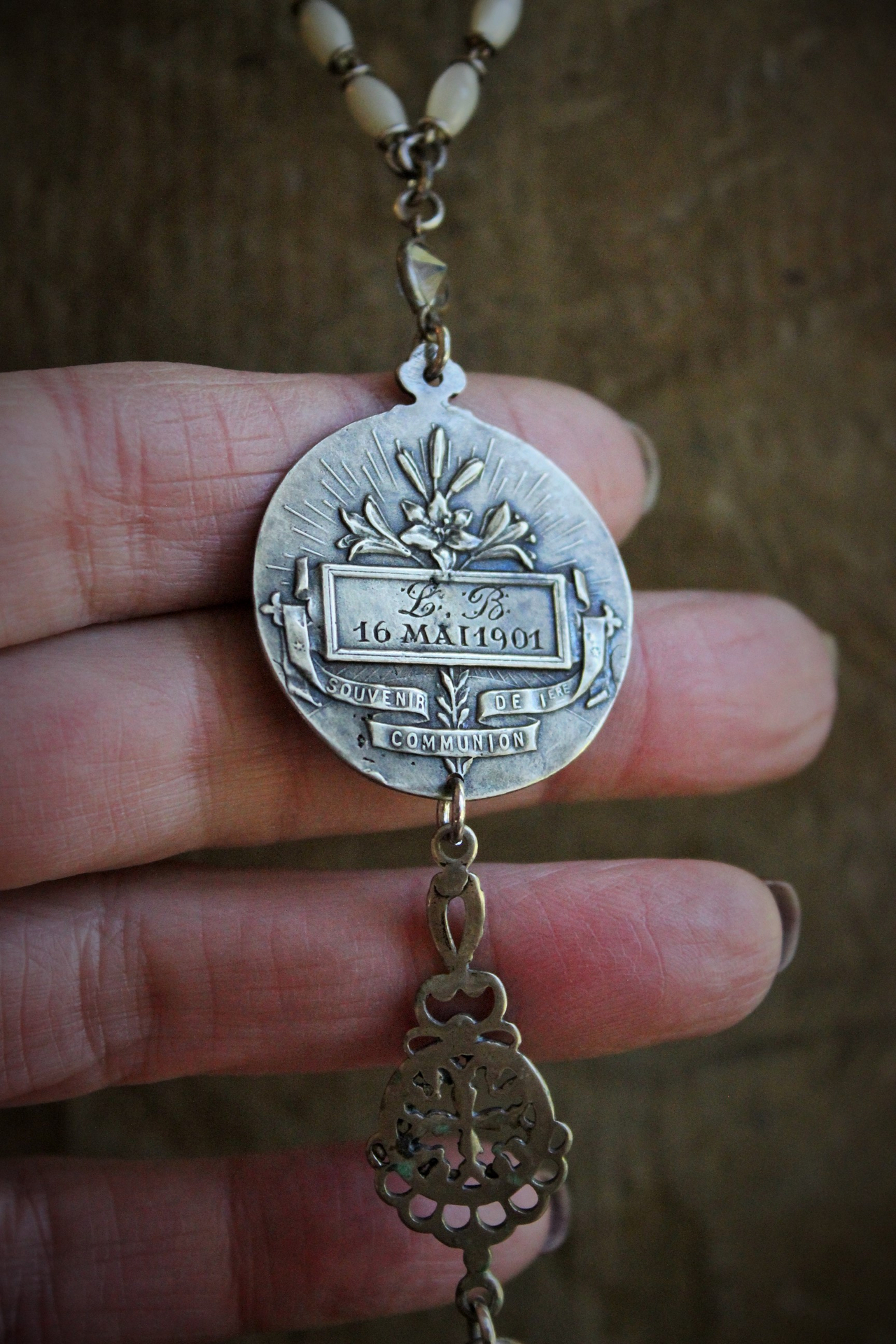 RARE Engraved Antique 1901 French Communion Medal Necklace w/Antique Sterling French Mother of Pearl Rosary Chain,Antique French Mother of Pearl Bead Tassel & Antique Faceted Rock Crystal Drops