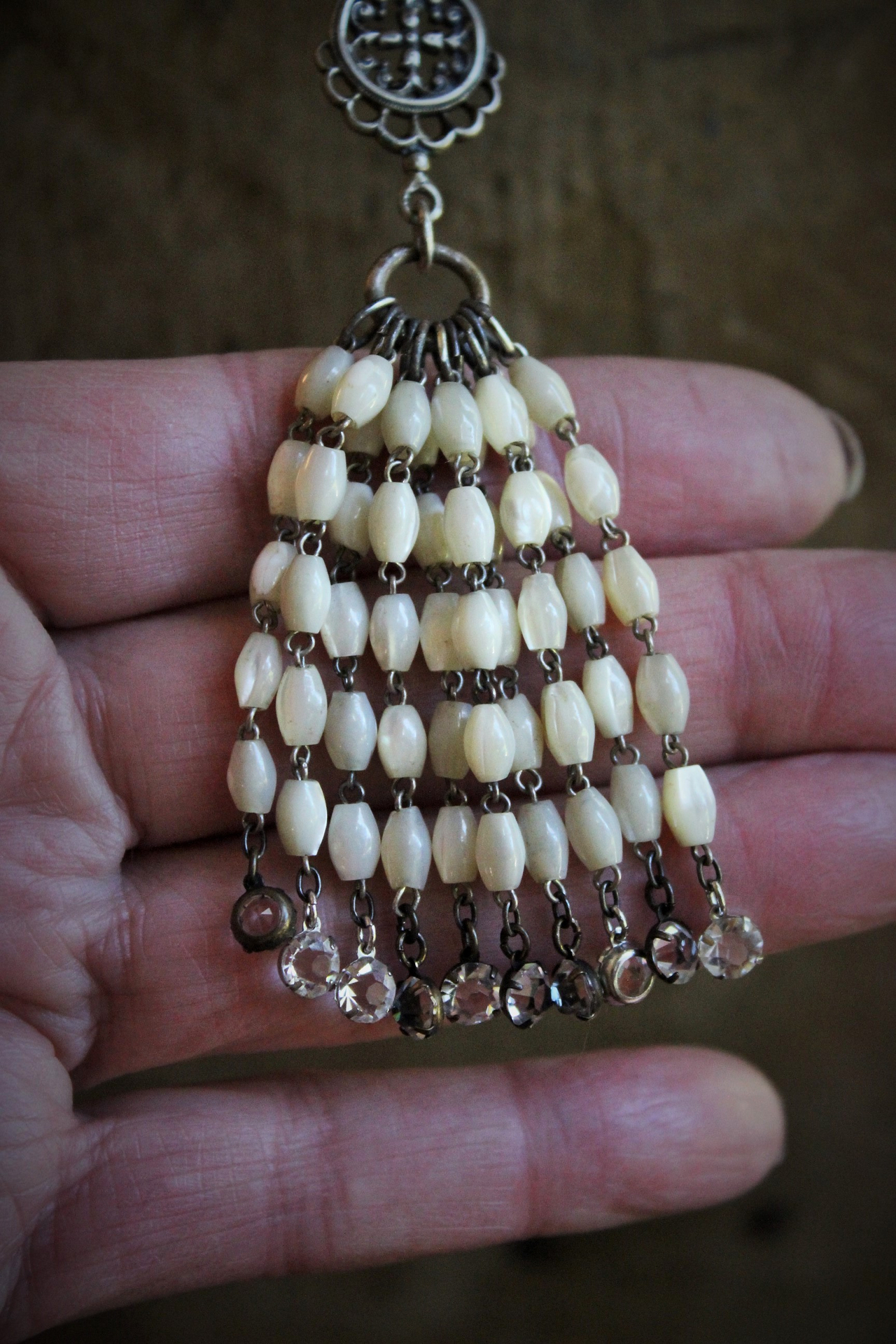 RARE Engraved Antique 1901 French Communion Medal Necklace w/Antique Sterling French Mother of Pearl Rosary Chain,Antique French Mother of Pearl Bead Tassel & Antique Faceted Rock Crystal Drops
