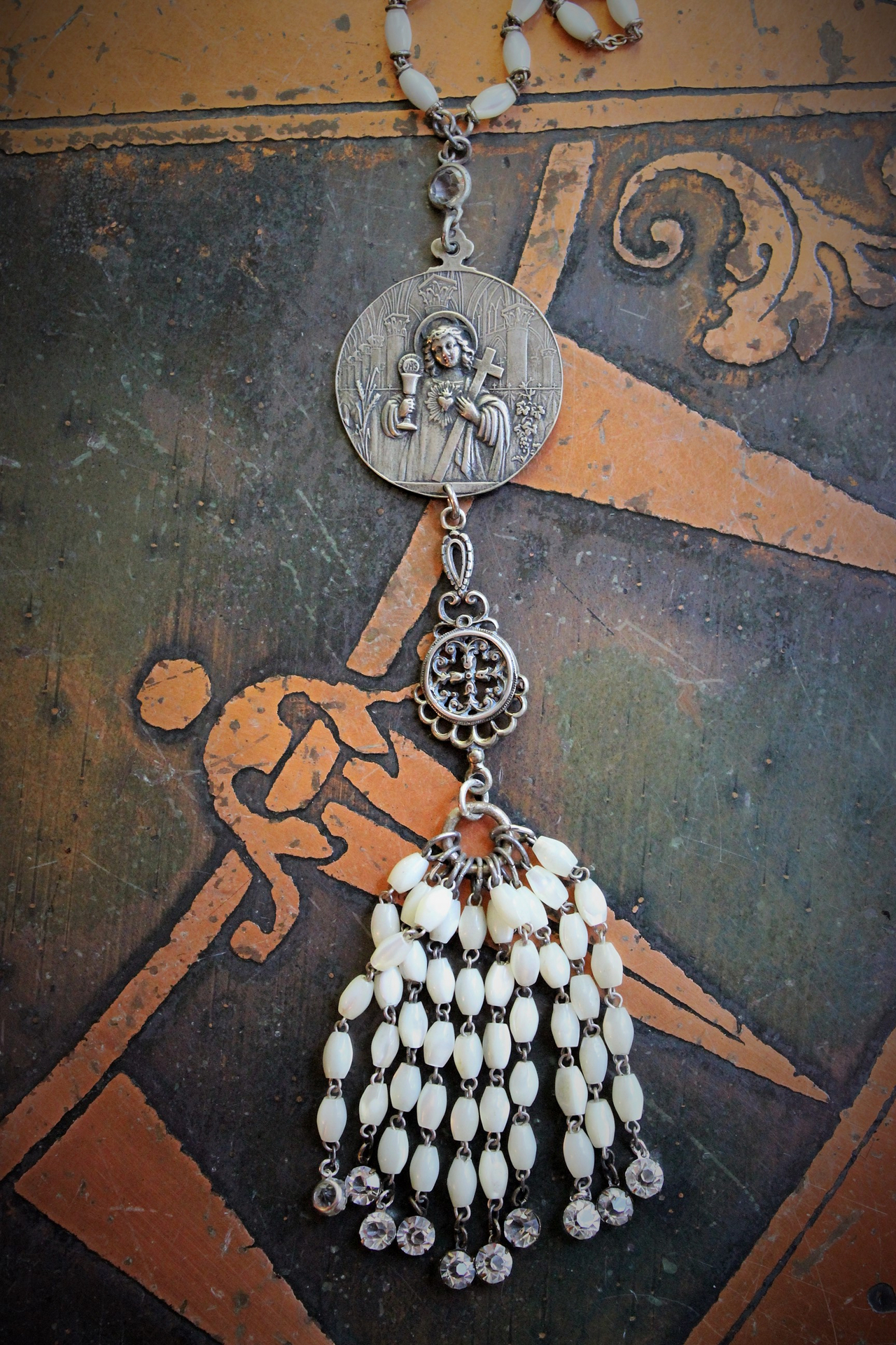 RARE Engraved Antique 1901 French Communion Medal Necklace w/Antique Sterling French Mother of Pearl Rosary Chain,Antique French Mother of Pearl Bead Tassel & Antique Faceted Rock Crystal Drops