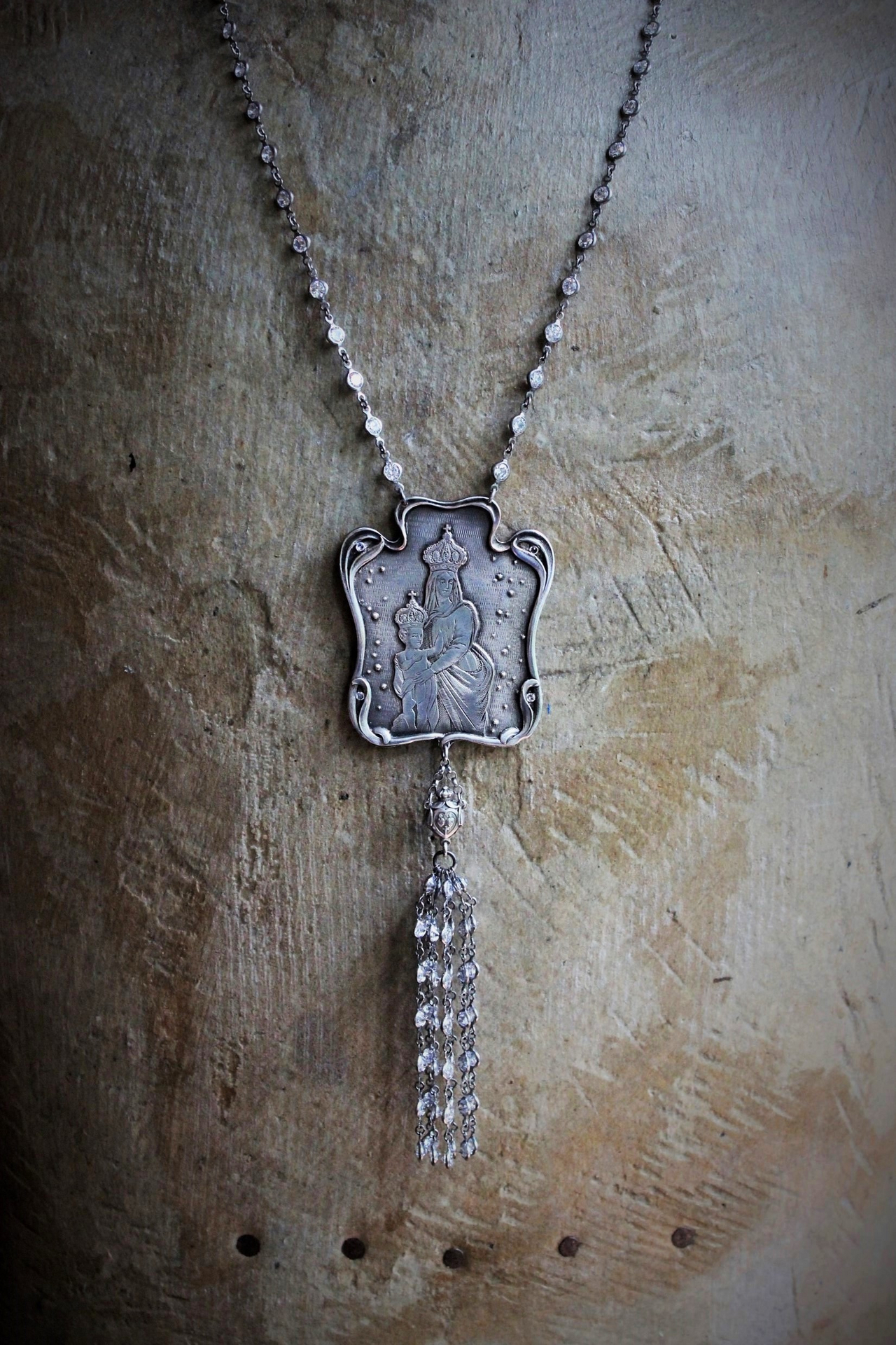 Breathe for Us  Necklace w/One of A Kind Antique French Engraved Mother Mary & Child Wicker Pendant, Sterling & Faceted Crystal Chain, Rare Antique French Sterling Sacred Heart Rosary Connector