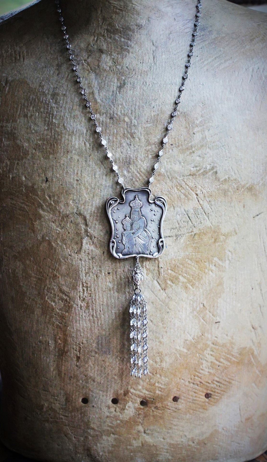 Breathe for Us  Necklace w/One of A Kind Antique French Engraved Mother Mary & Child Wicker Pendant, Sterling & Faceted Crystal Chain, Rare Antique French Sterling Sacred Heart Rosary Connector