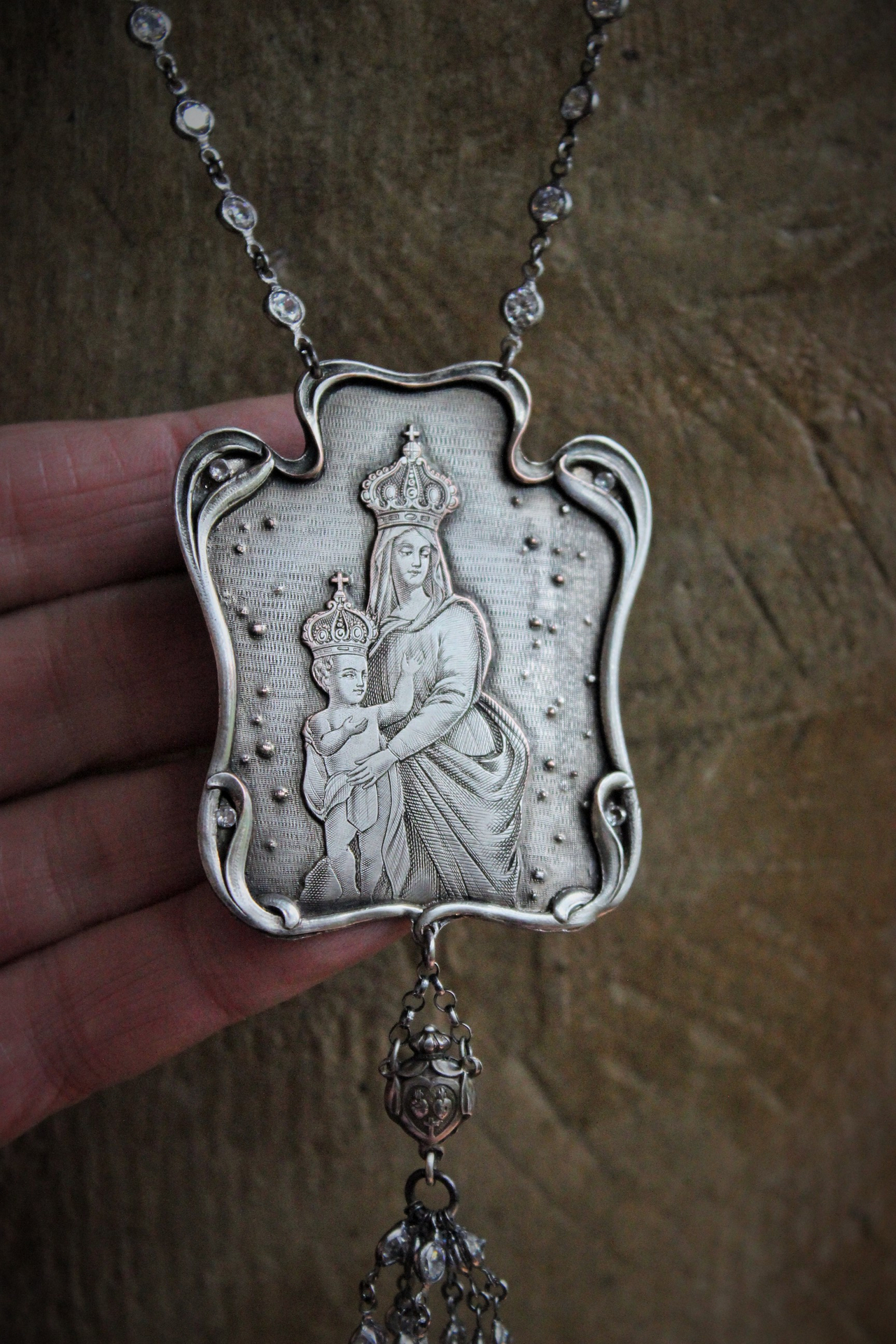 Breathe for Us  Necklace w/One of A Kind Antique French Engraved Mother Mary & Child Wicker Pendant, Sterling & Faceted Crystal Chain, Rare Antique French Sterling Sacred Heart Rosary Connector