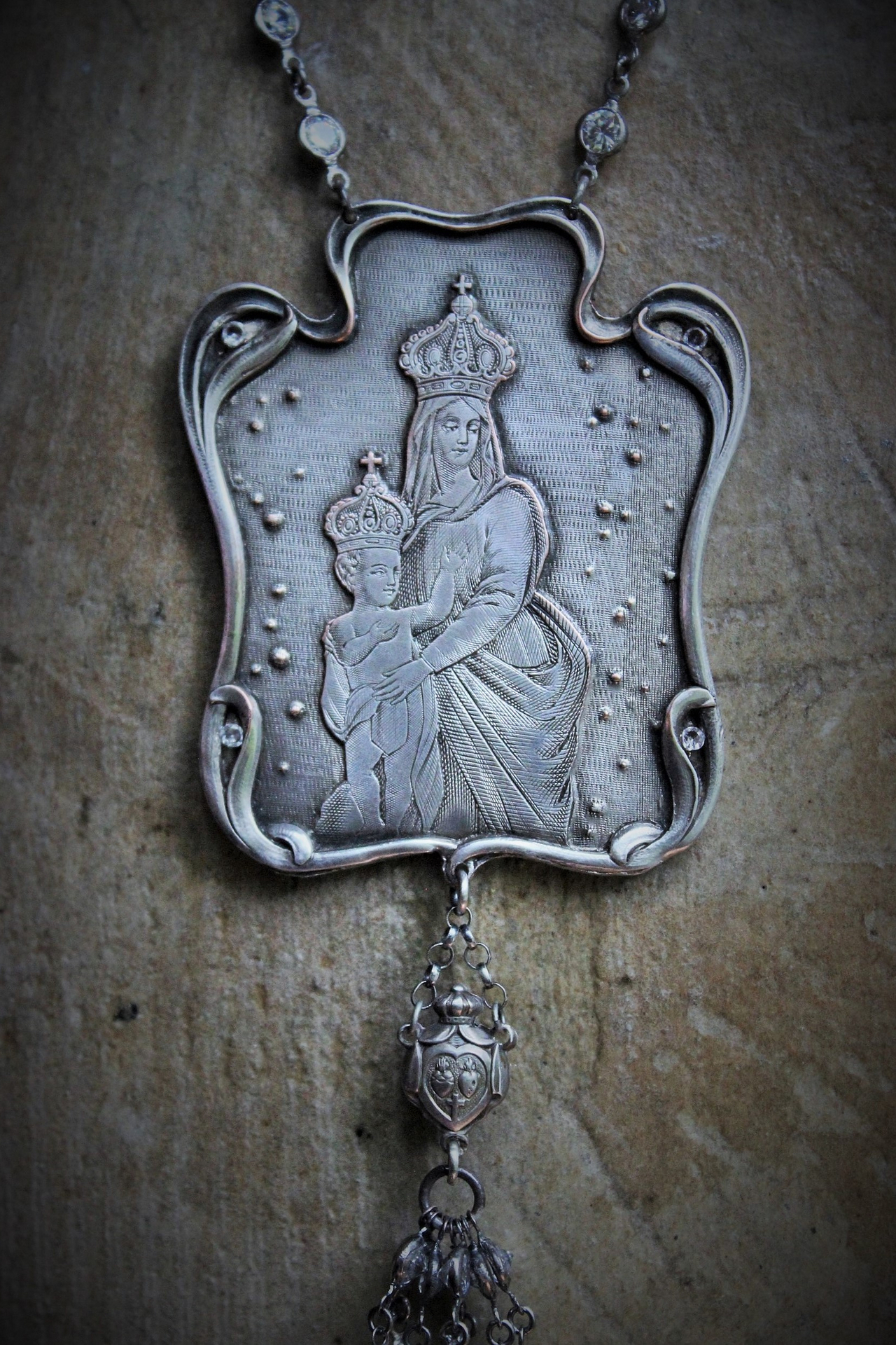 Breathe for Us  Necklace w/One of A Kind Antique French Engraved Mother Mary & Child Wicker Pendant, Sterling & Faceted Crystal Chain, Rare Antique French Sterling Sacred Heart Rosary Connector