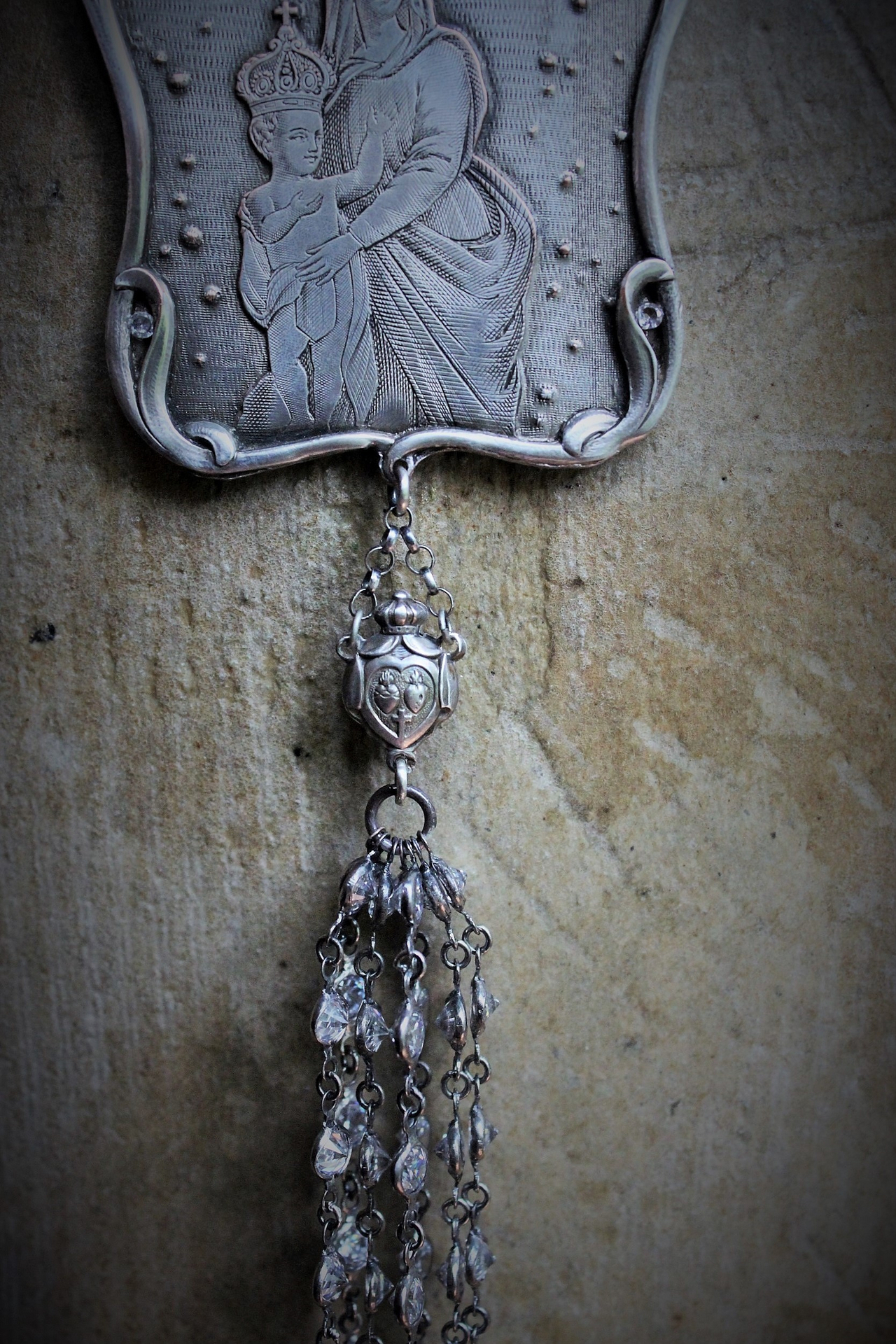 Breathe for Us  Necklace w/One of A Kind Antique French Engraved Mother Mary & Child Wicker Pendant, Sterling & Faceted Crystal Chain, Rare Antique French Sterling Sacred Heart Rosary Connector