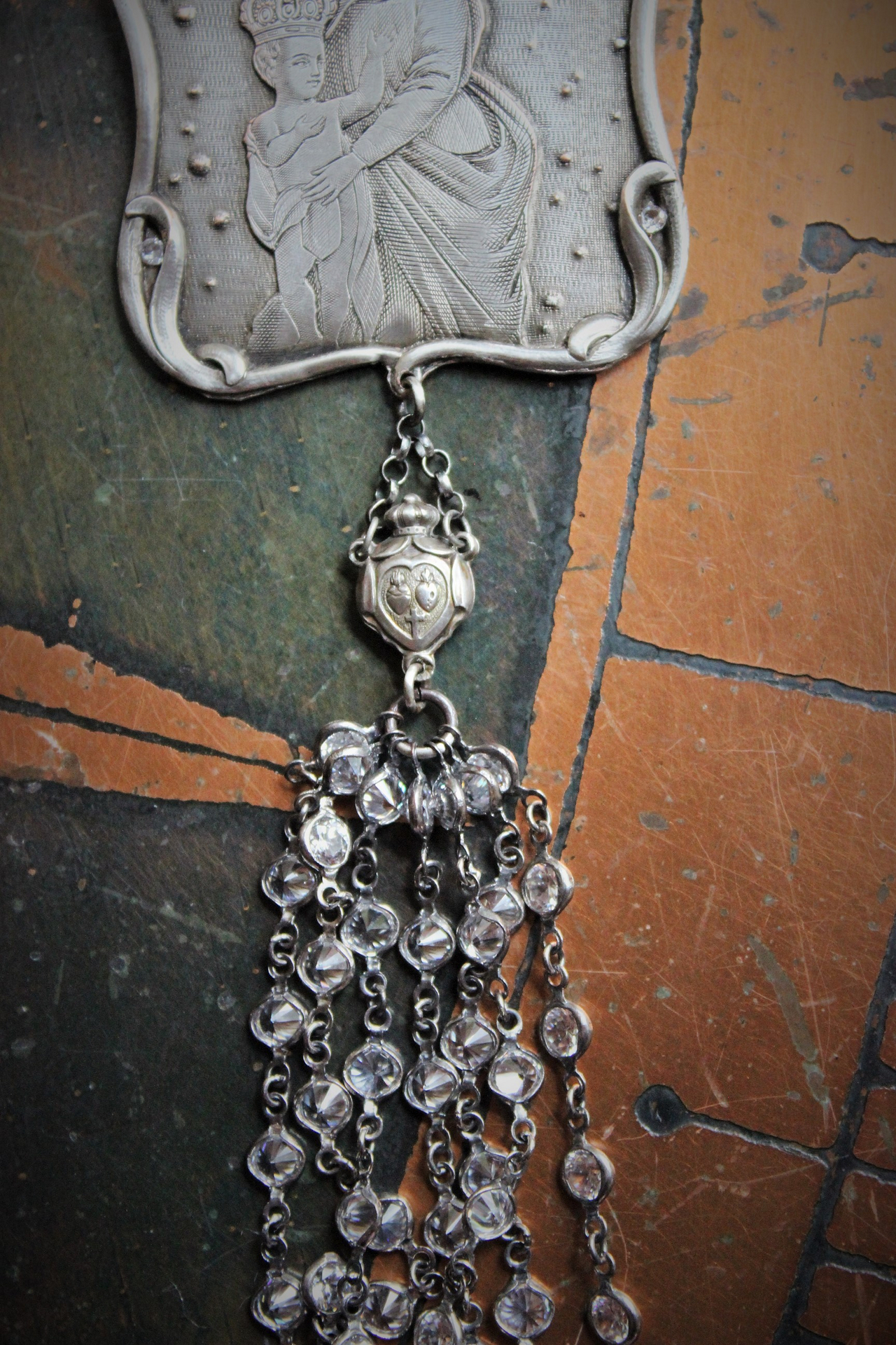 Breathe for Us  Necklace w/One of A Kind Antique French Engraved Mother Mary & Child Wicker Pendant, Sterling & Faceted Crystal Chain, Rare Antique French Sterling Sacred Heart Rosary Connector