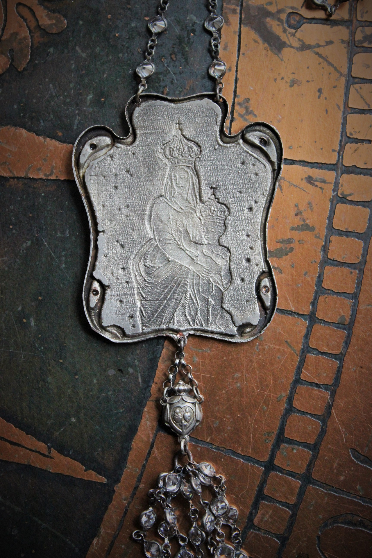 Breathe for Us  Necklace w/One of A Kind Antique French Engraved Mother Mary & Child Wicker Pendant, Sterling & Faceted Crystal Chain, Rare Antique French Sterling Sacred Heart Rosary Connector