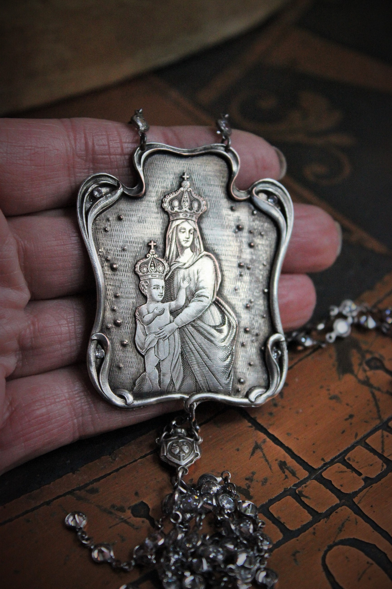 Breathe for Us  Necklace w/One of A Kind Antique French Engraved Mother Mary & Child Wicker Pendant, Sterling & Faceted Crystal Chain, Rare Antique French Sterling Sacred Heart Rosary Connector