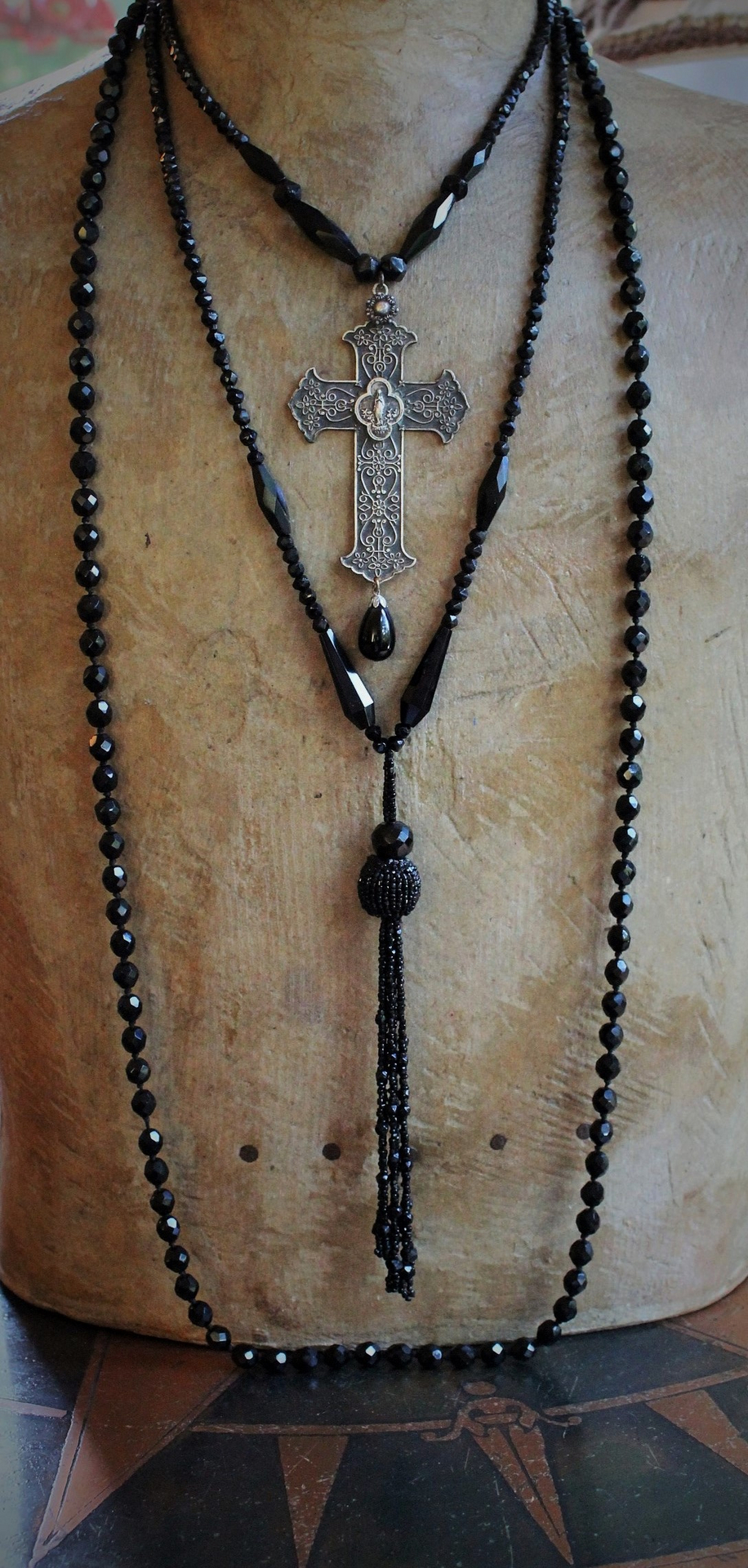 Antique Faceted Black Bead Trio Necklace Set w/RARE Antique French Marian Cross, Antique Faceted Black Bead Tassel