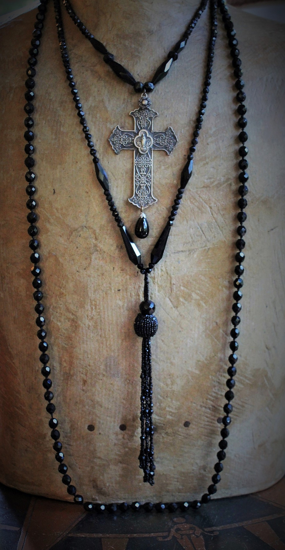 Antique Faceted Black Bead Trio Necklace Set w/RARE Antique French Marian Cross, Antique Faceted Black Bead Tassel