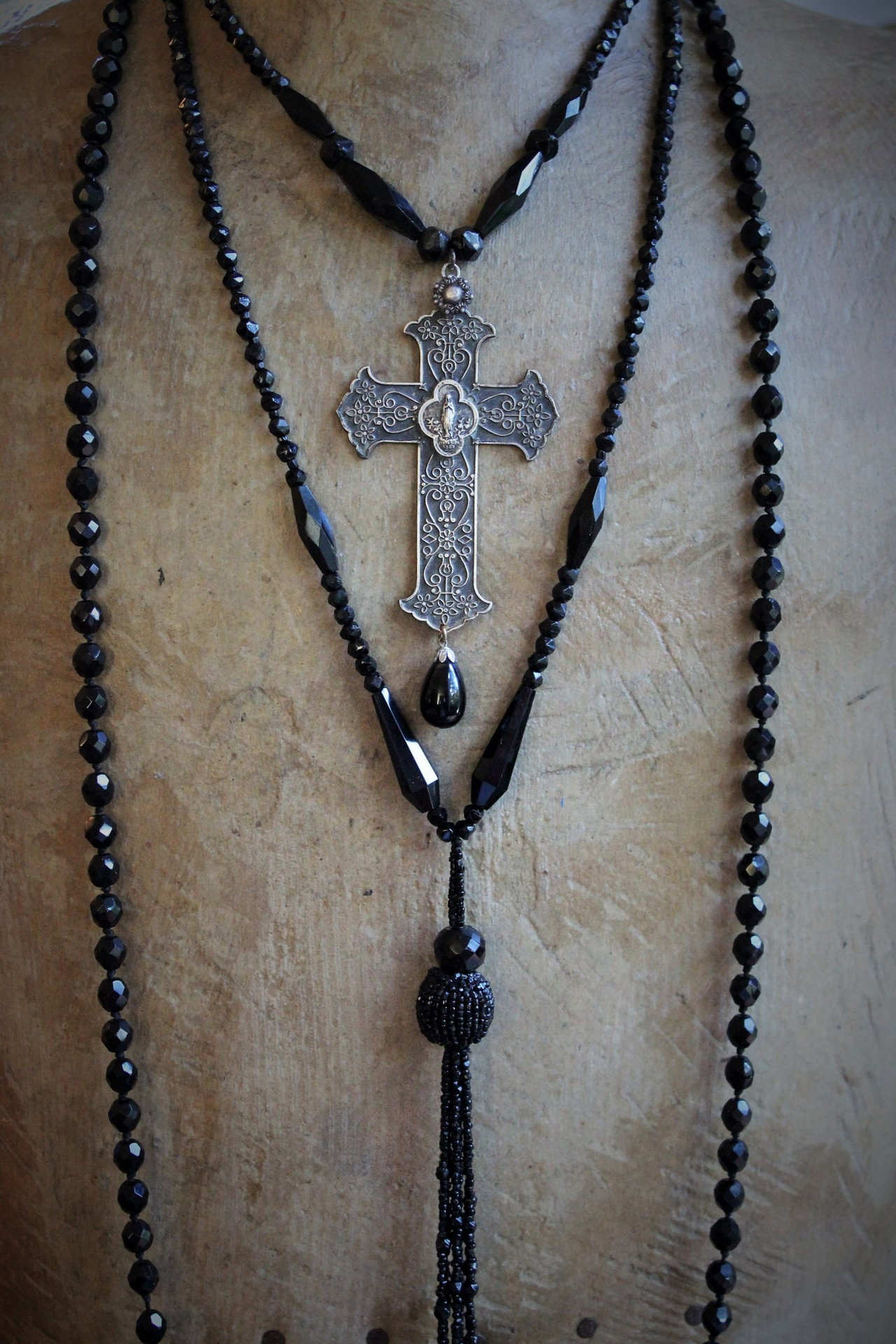 Antique Faceted Black Bead Trio Necklace Set w/RARE Antique French Marian Cross, Antique Faceted Black Bead Tassel