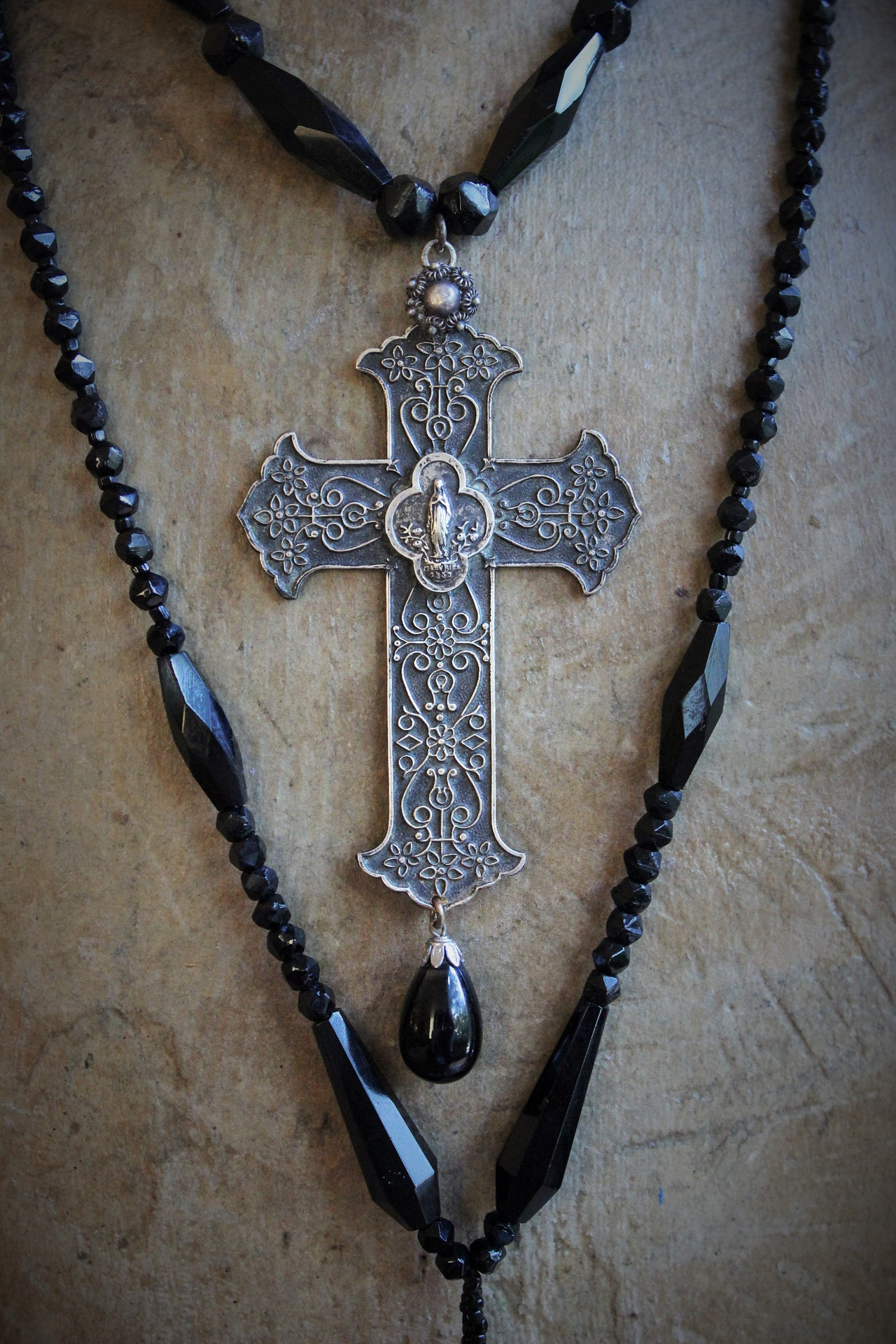 Antique Faceted Black Bead Trio Necklace Set w/RARE Antique French Marian Cross, Antique Faceted Black Bead Tassel