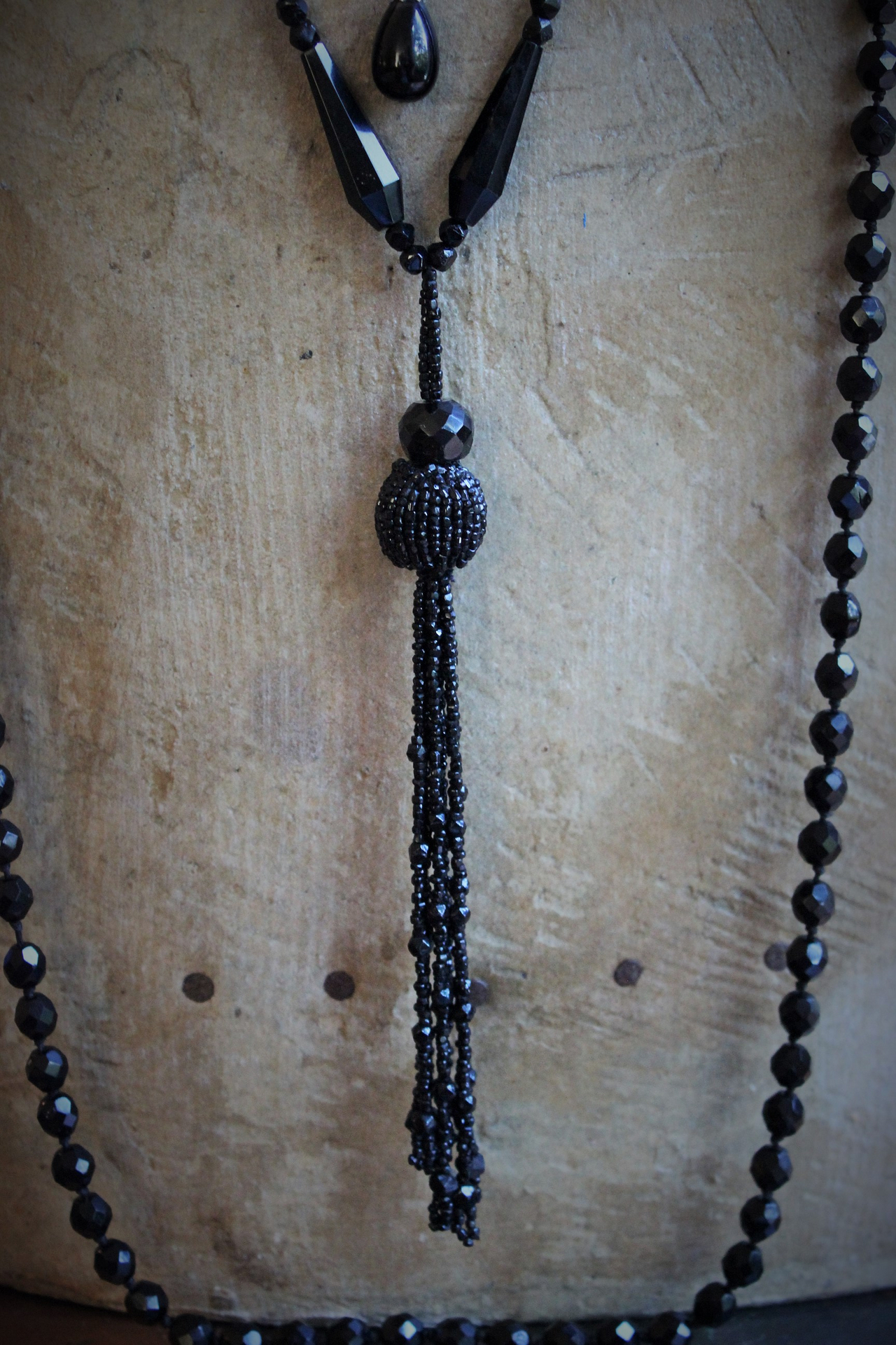 Antique Faceted Black Bead Trio Necklace Set w/RARE Antique French Marian Cross, Antique Faceted Black Bead Tassel