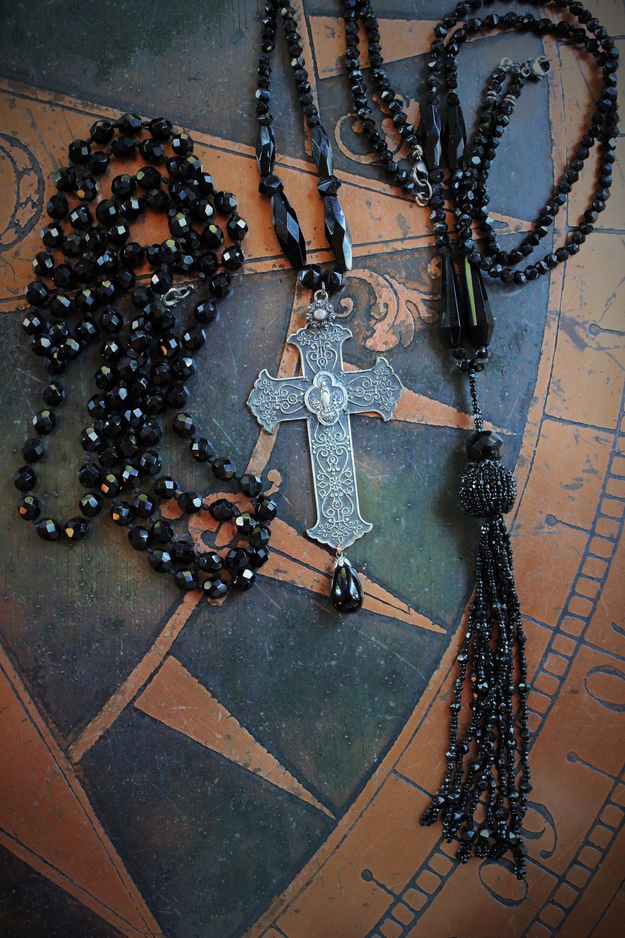 Antique Faceted Black Bead Trio Necklace Set w/RARE Antique French Marian Cross, Antique Faceted Black Bead Tassel