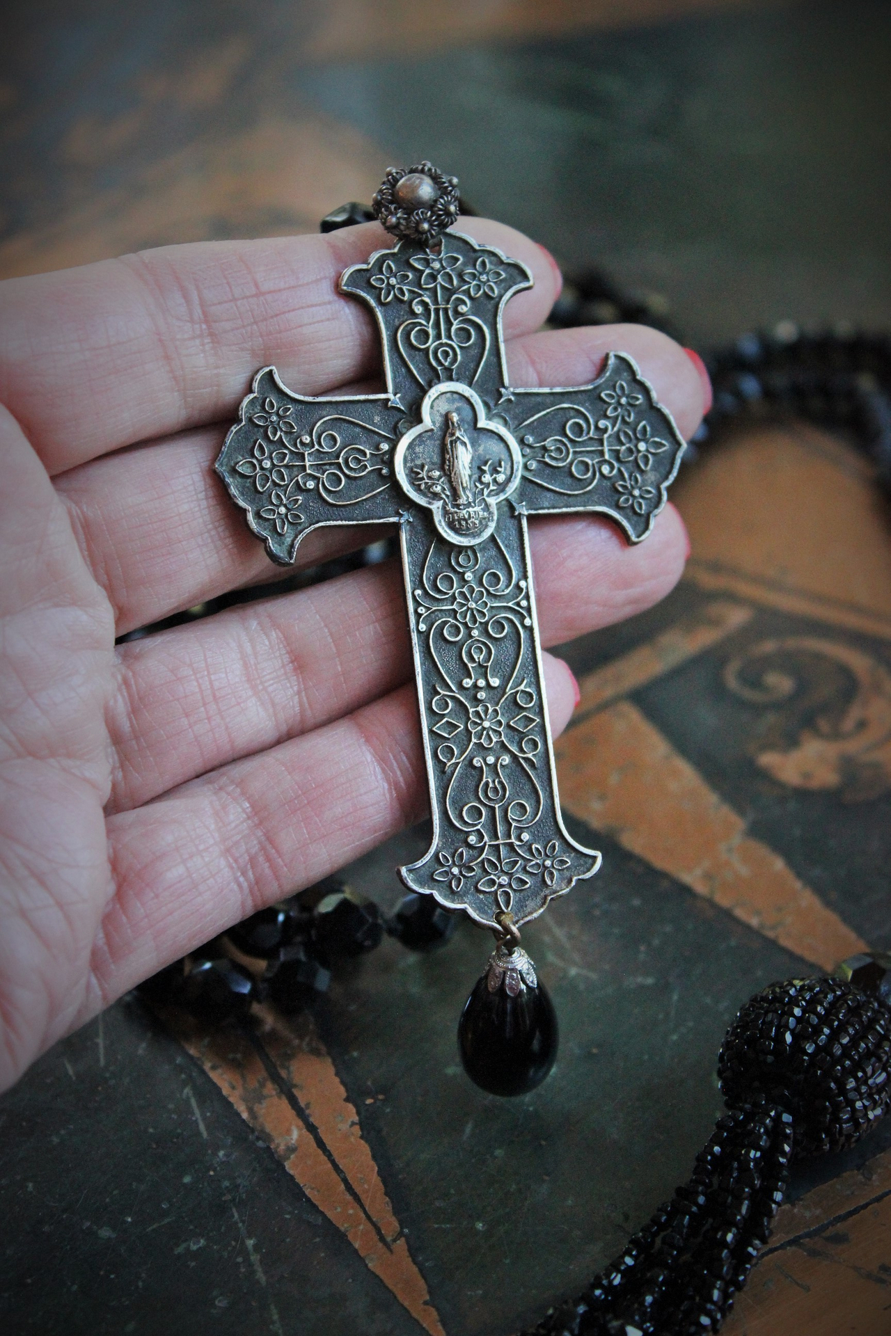 Antique Faceted Black Bead Trio Necklace Set w/RARE Antique French Marian Cross, Antique Faceted Black Bead Tassel