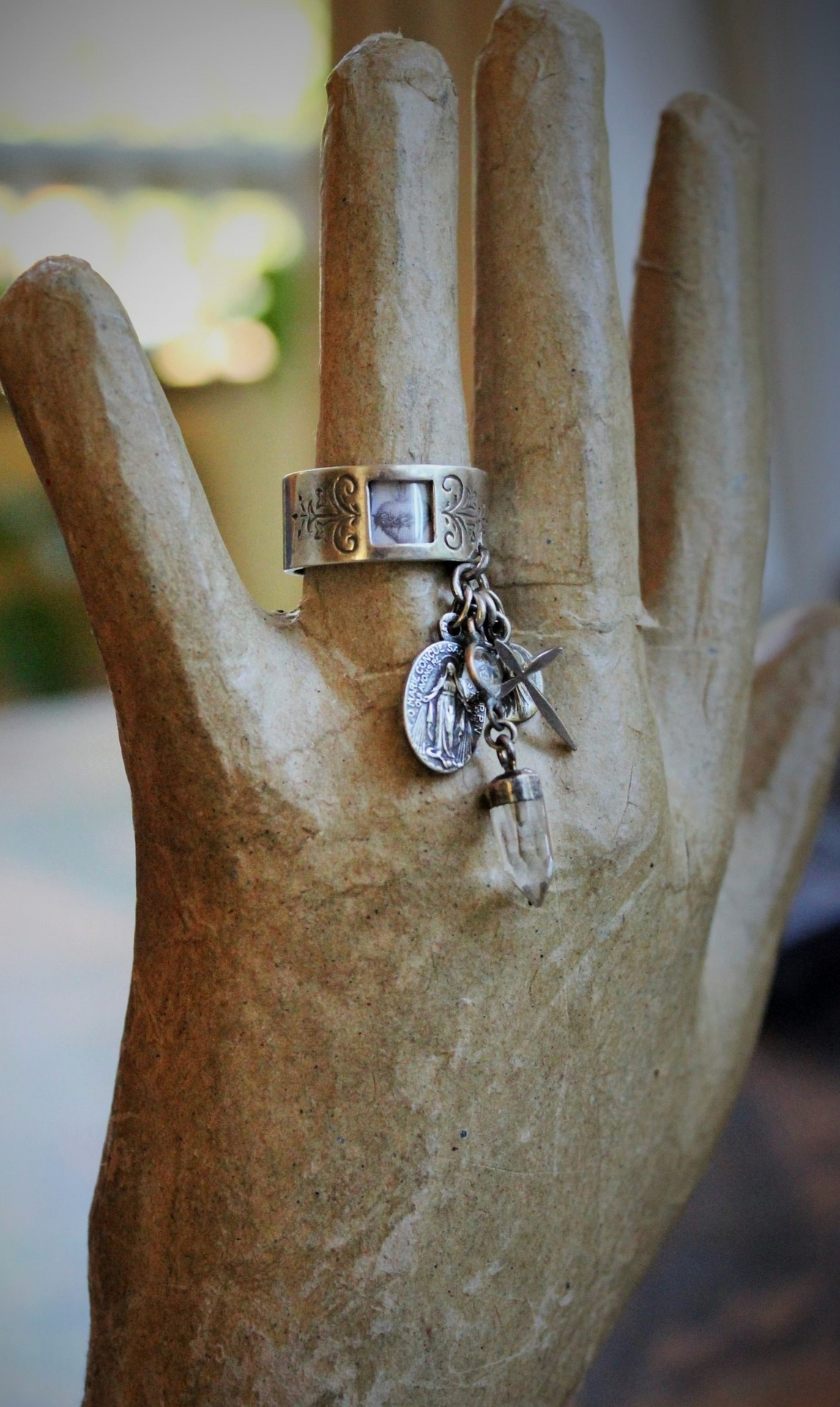 Sterling Artisan Band with Inset Antique Sacred Heart Holy Card Image, Antique French Marian Medal,Vintage Sterling Cross,Silver Capped Rock Quartz Point,Antique Our Lady of Lourdes Medal