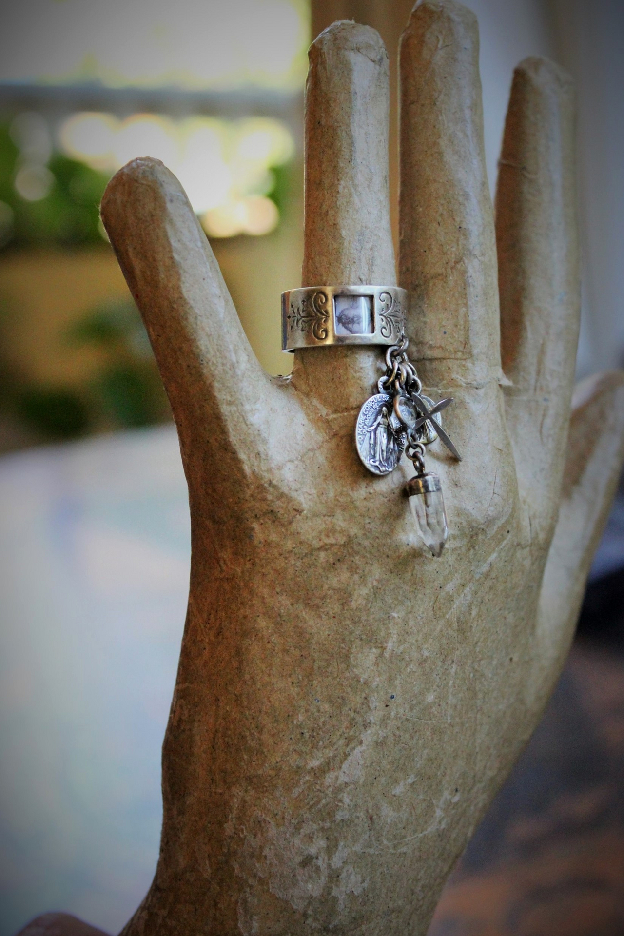 Sterling Artisan Band with Inset Antique Sacred Heart Holy Card Image, Antique French Marian Medal,Vintage Sterling Cross,Silver Capped Rock Quartz Point,Antique Our Lady of Lourdes Medal