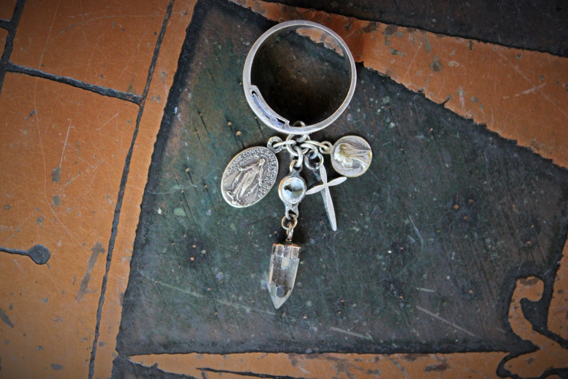 Sterling Artisan Band with Inset Antique Sacred Heart Holy Card Image, Antique French Marian Medal,Vintage Sterling Cross,Silver Capped Rock Quartz Point,Antique Our Lady of Lourdes Medal