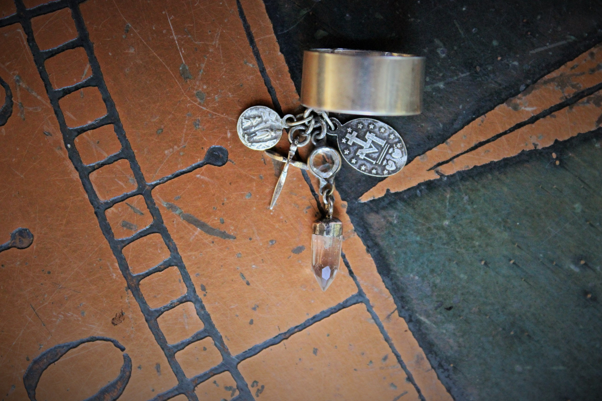 Sterling Artisan Band with Inset Antique Sacred Heart Holy Card Image, Antique French Marian Medal,Vintage Sterling Cross,Silver Capped Rock Quartz Point,Antique Our Lady of Lourdes Medal