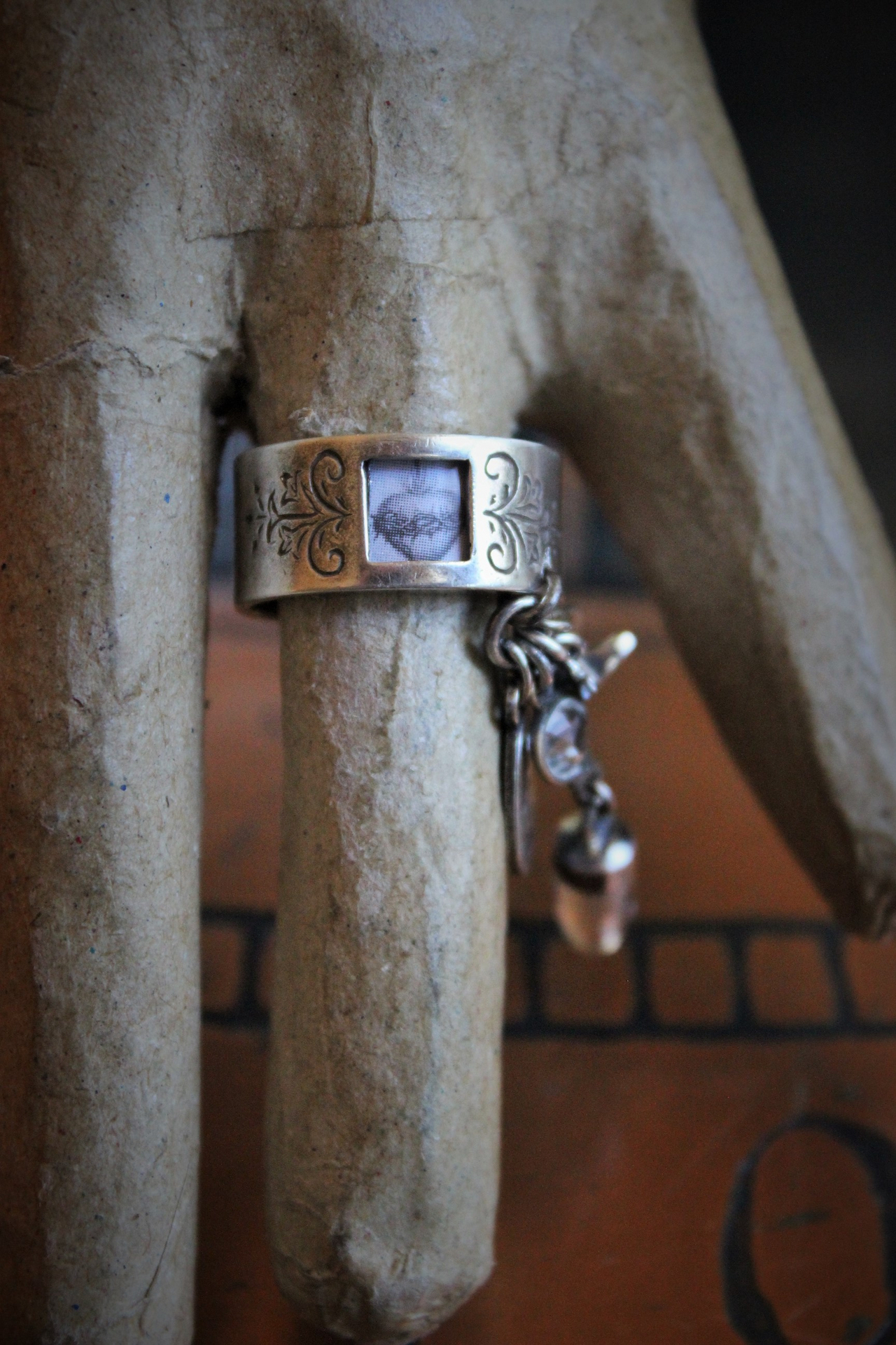 Sterling Artisan Band with Inset Antique Sacred Heart Holy Card Image, Antique French Marian Medal,Vintage Sterling Cross,Silver Capped Rock Quartz Point,Antique Our Lady of Lourdes Medal