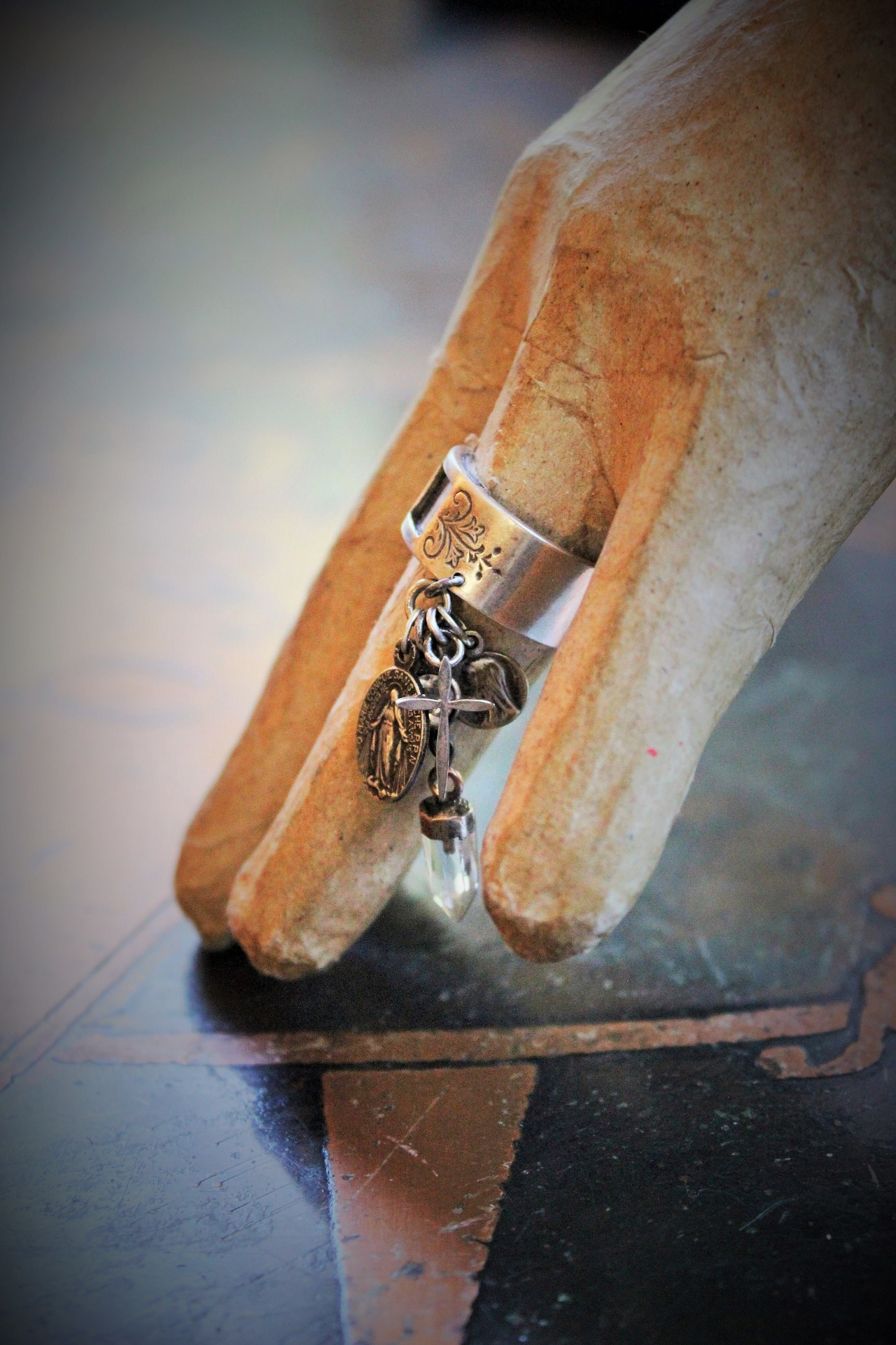 Sterling Artisan Band with Inset Antique Sacred Heart Holy Card Image, Antique French Marian Medal,Vintage Sterling Cross,Silver Capped Rock Quartz Point,Antique Our Lady of Lourdes Medal