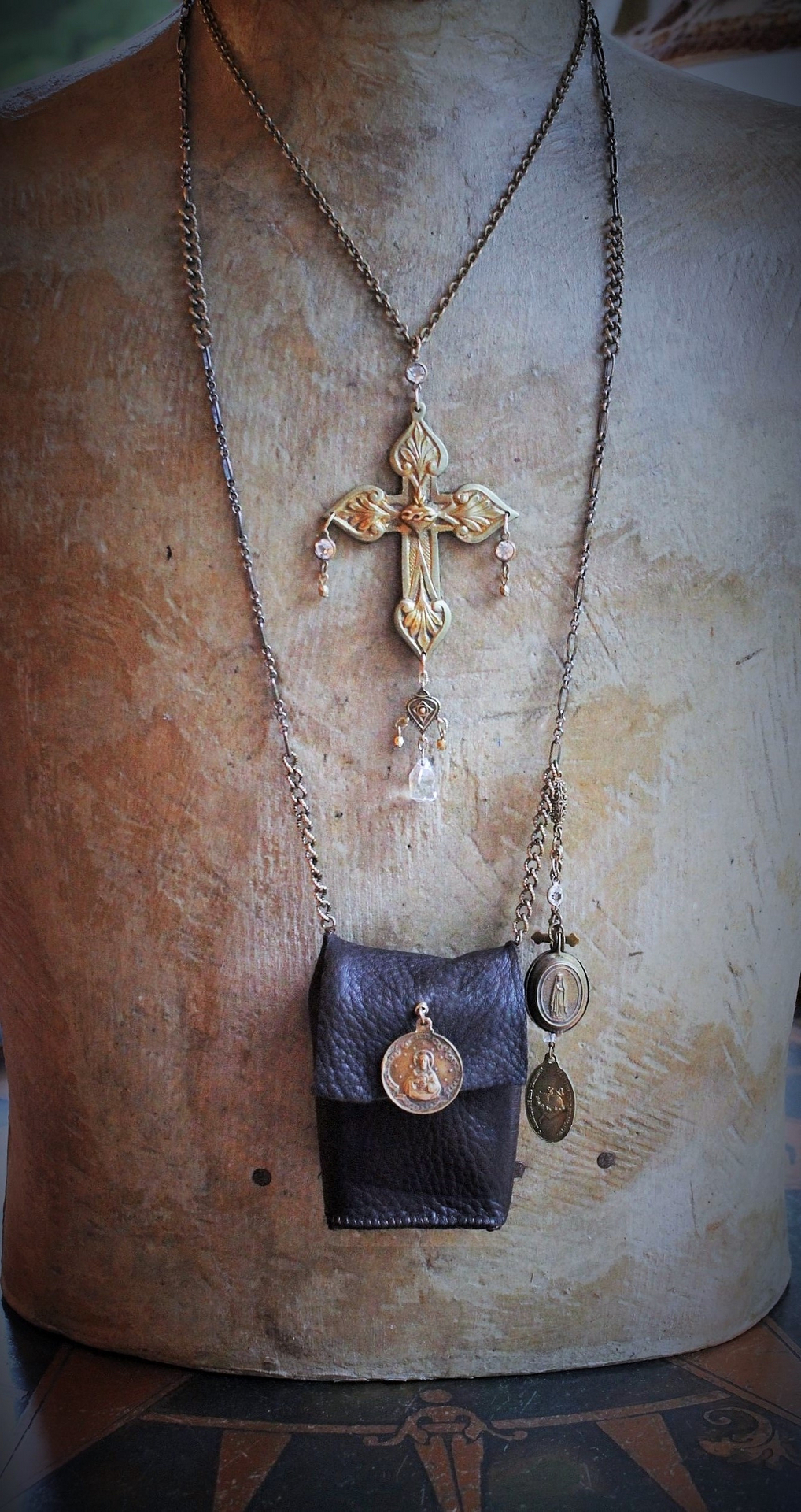 Paradise Lost Necklace Set w/Hand Stitched Distressed Leather Pouch,2 Volume Miniature Paradise Lost (John Milton) Books,Antique French Reliquary Locket,Antique Sacred Heart Cross & More!