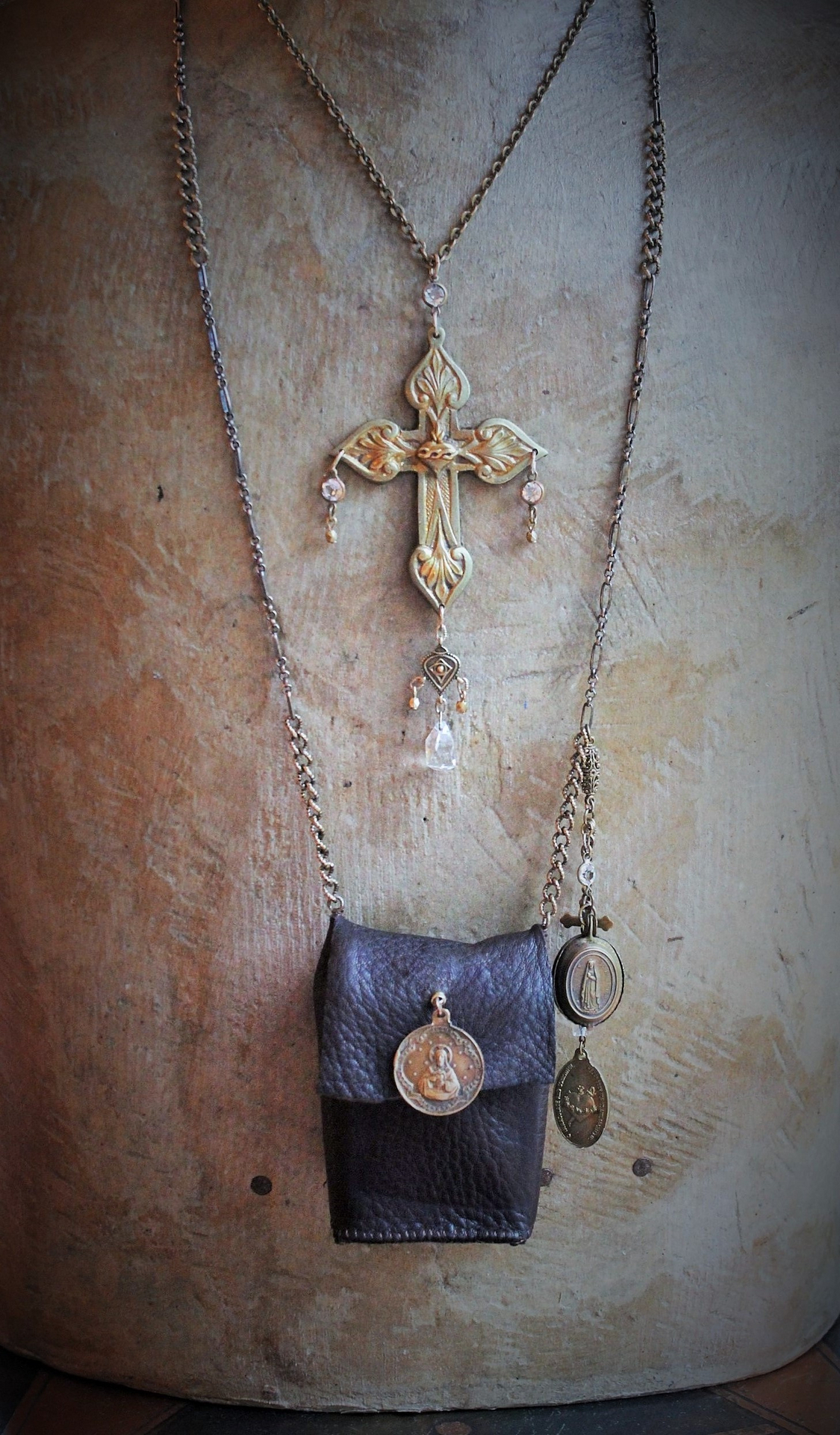 Paradise Lost Necklace Set w/Hand Stitched Distressed Leather Pouch,2 Volume Miniature Paradise Lost (John Milton) Books,Antique French Reliquary Locket,Antique Sacred Heart Cross & More!