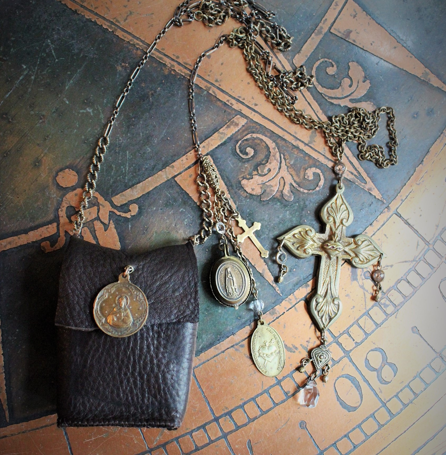 Paradise Lost Necklace Set w/Hand Stitched Distressed Leather Pouch,2 Volume Miniature Paradise Lost (John Milton) Books,Antique French Reliquary Locket,Antique Sacred Heart Cross & More!