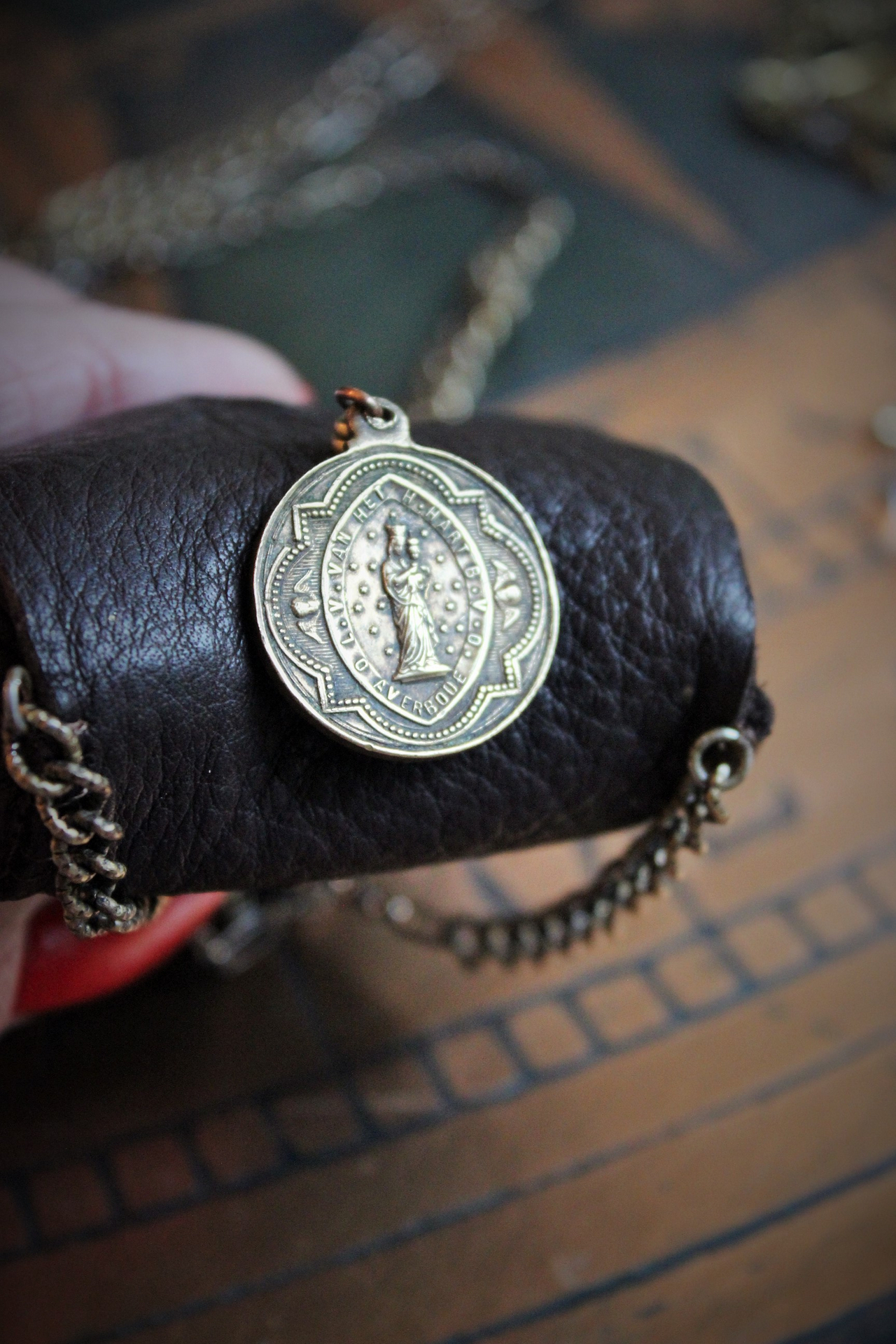 Paradise Lost Necklace Set w/Hand Stitched Distressed Leather Pouch,2 Volume Miniature Paradise Lost (John Milton) Books,Antique French Reliquary Locket,Antique Sacred Heart Cross & More!