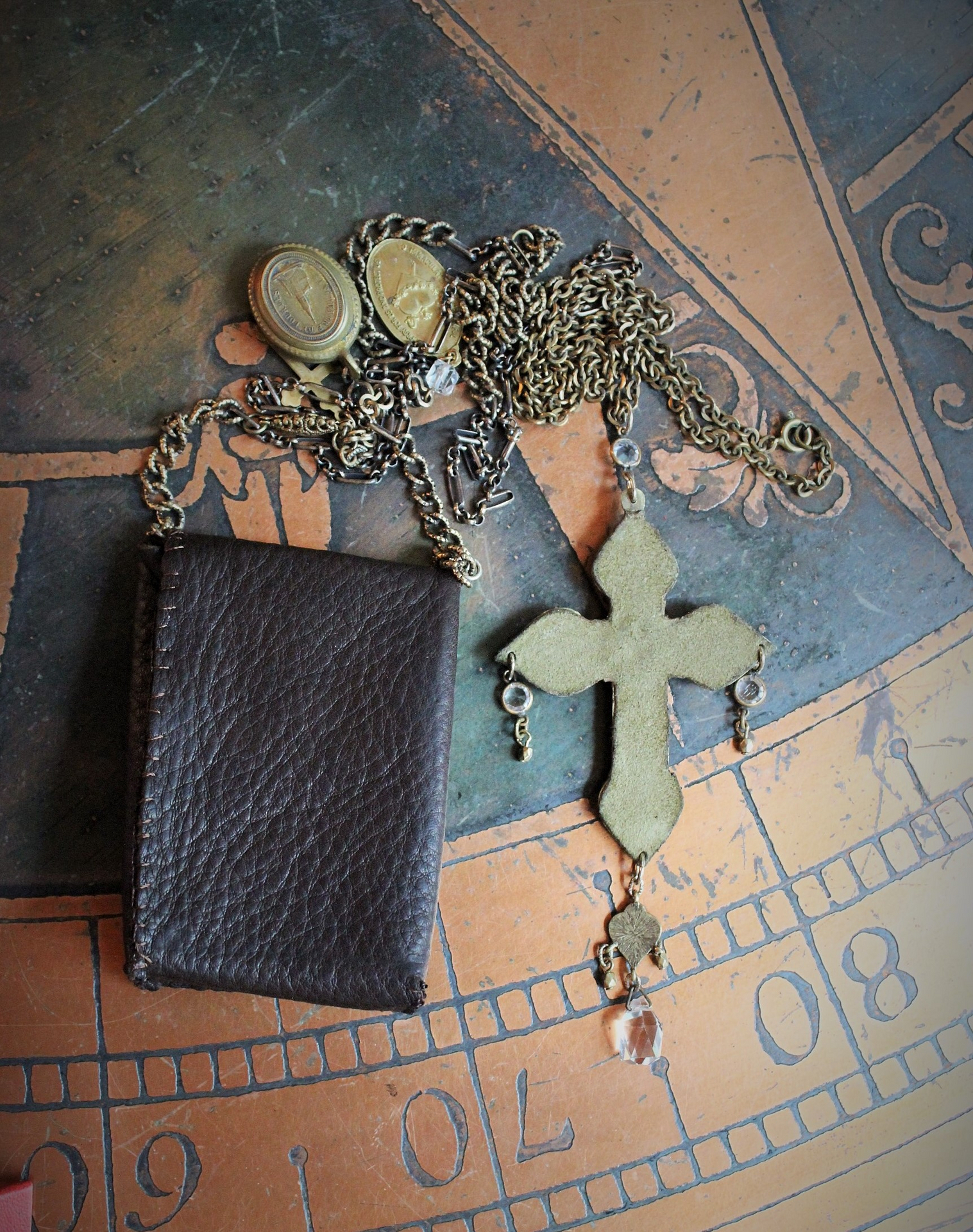 Paradise Lost Necklace Set w/Hand Stitched Distressed Leather Pouch,2 Volume Miniature Paradise Lost (John Milton) Books,Antique French Reliquary Locket,Antique Sacred Heart Cross & More!