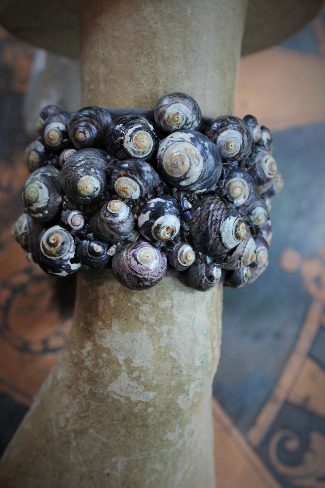 The Sea Cuff & Earring Set w/Found Shells, Sterling Chain, Dark Grey Silk Tassel, Sterling Earring Wires