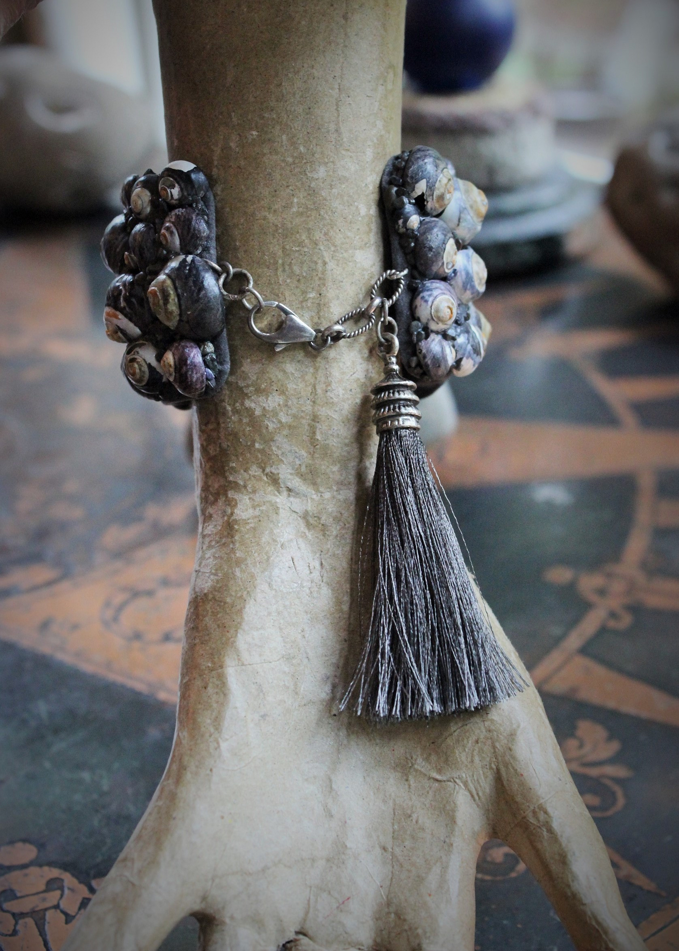 The Sea Cuff & Earring Set w/Found Shells, Sterling Chain, Dark Grey Silk Tassel, Sterling Earring Wires