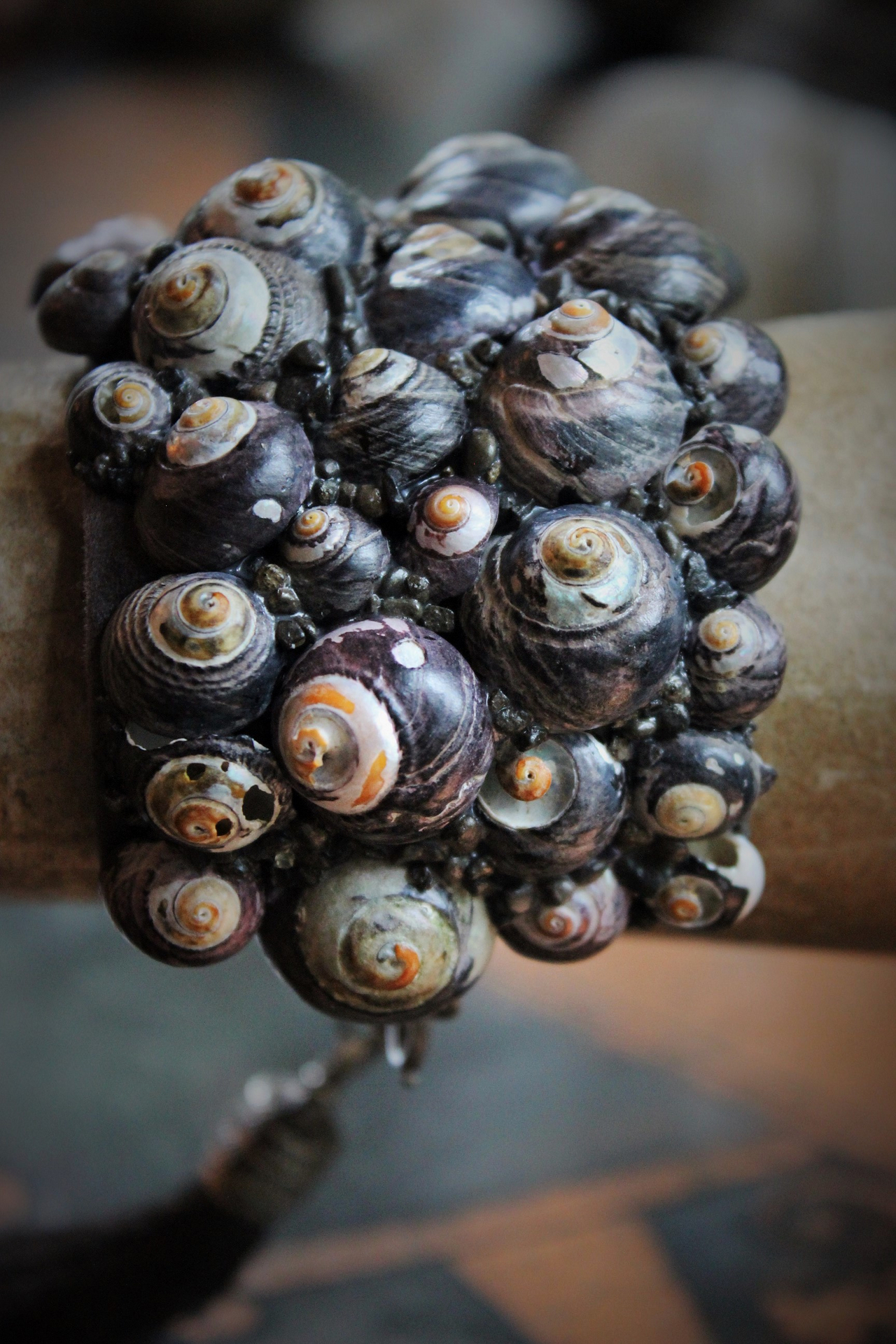 The Sea Cuff & Earring Set w/Found Shells, Sterling Chain, Dark Grey Silk Tassel, Sterling Earring Wires
