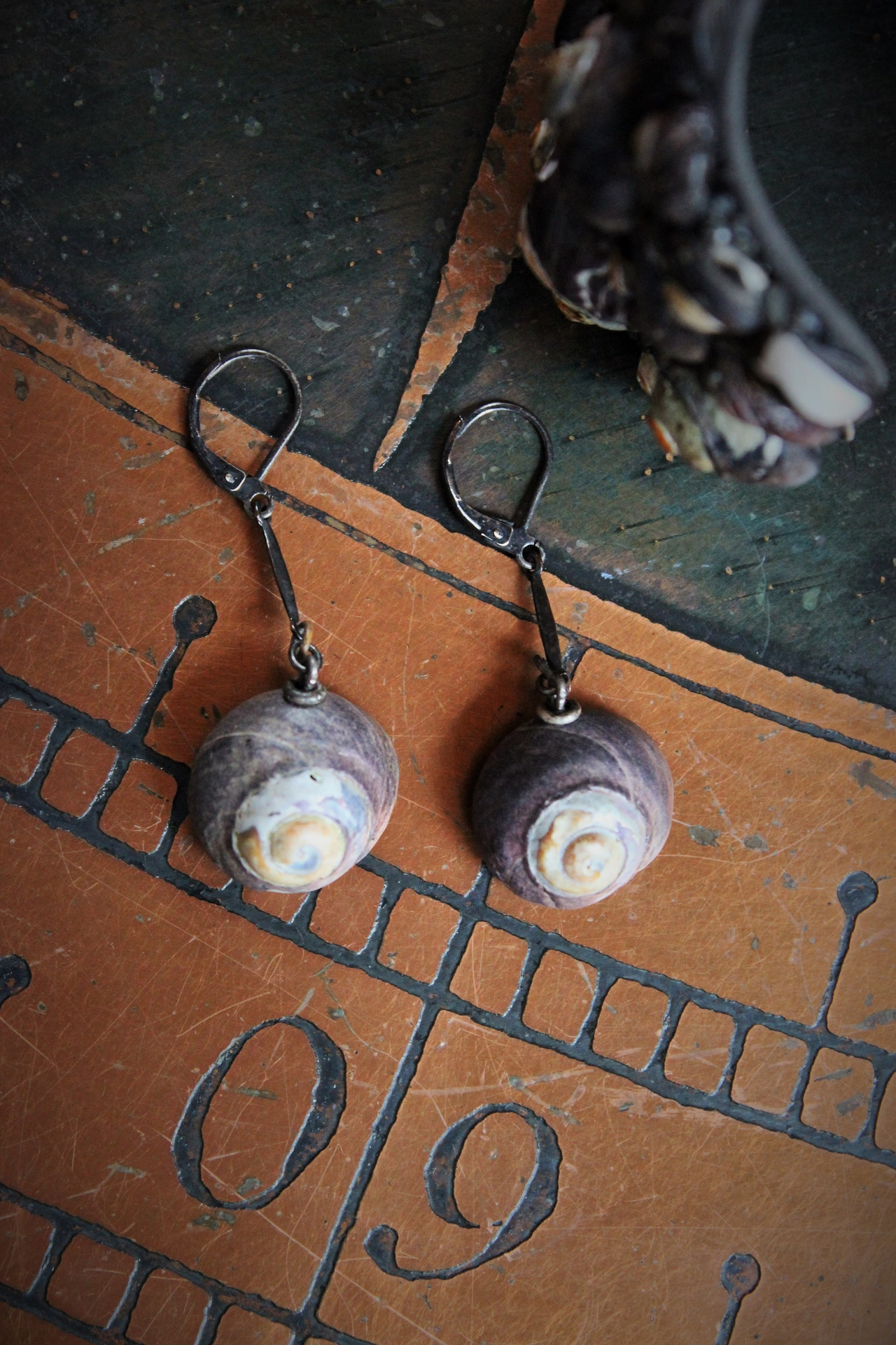 The Sea Cuff & Earring Set w/Found Shells, Sterling Chain, Dark Grey Silk Tassel, Sterling Earring Wires