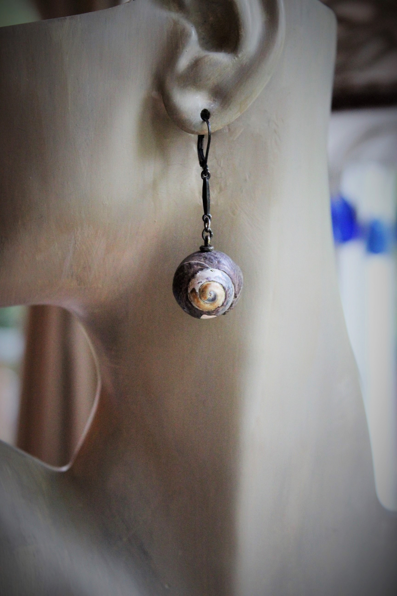 The Sea Cuff & Earring Set w/Found Shells, Sterling Chain, Dark Grey Silk Tassel, Sterling Earring Wires
