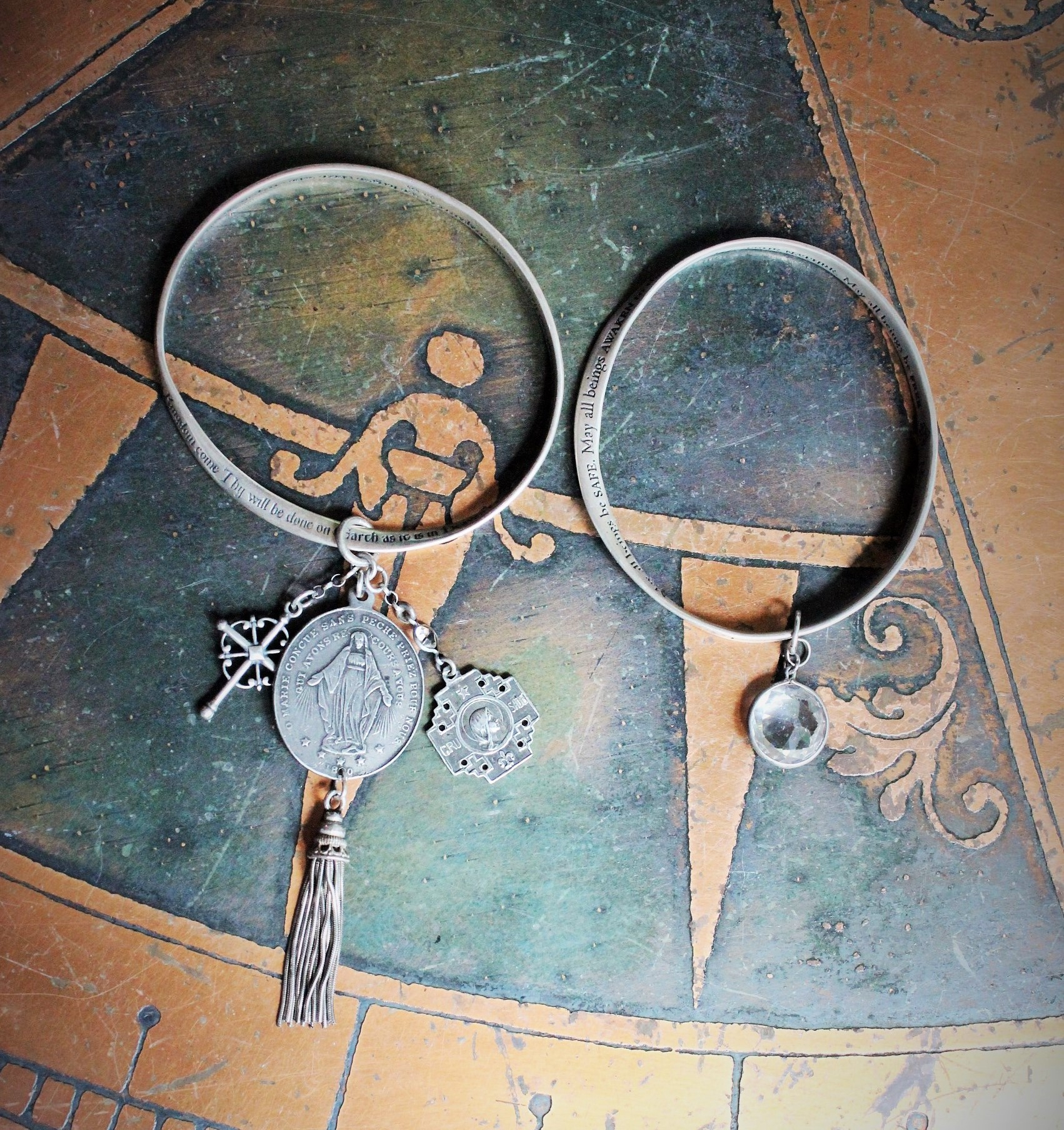 Vintage Sterling Mobious Engraved Bangles with The Lord's Prayer and The Sanskrit Peace Prayer,Antique Medals,Sterling Tassel,Antique Crystal Drop