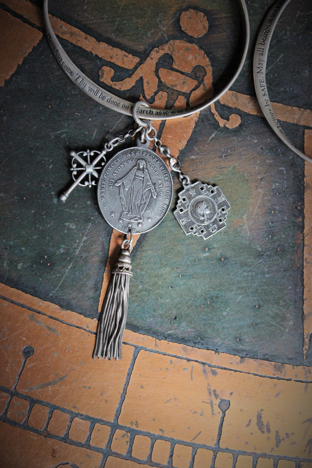 Vintage Sterling Mobious Engraved Bangles with The Lord's Prayer and The Sanskrit Peace Prayer,Antique Medals,Sterling Tassel,Antique Crystal Drop