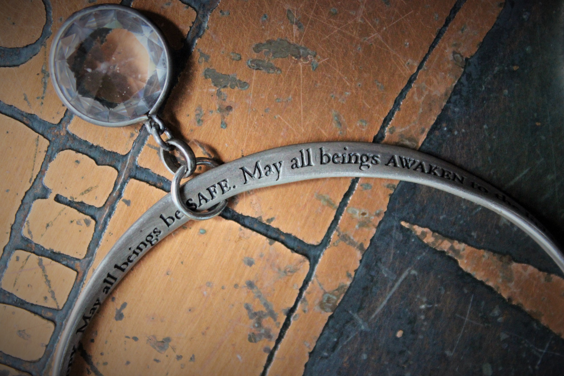 Vintage Sterling Mobious Engraved Bangles with The Lord's Prayer and The Sanskrit Peace Prayer,Antique Medals,Sterling Tassel,Antique Crystal Drop
