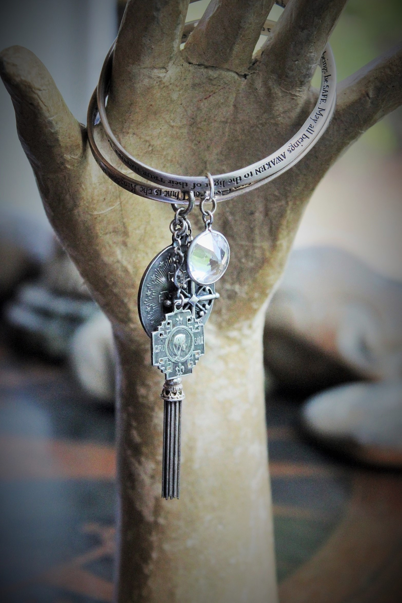 Vintage Sterling Mobious Engraved Bangles with The Lord's Prayer and The Sanskrit Peace Prayer,Antique Medals,Sterling Tassel,Antique Crystal Drop