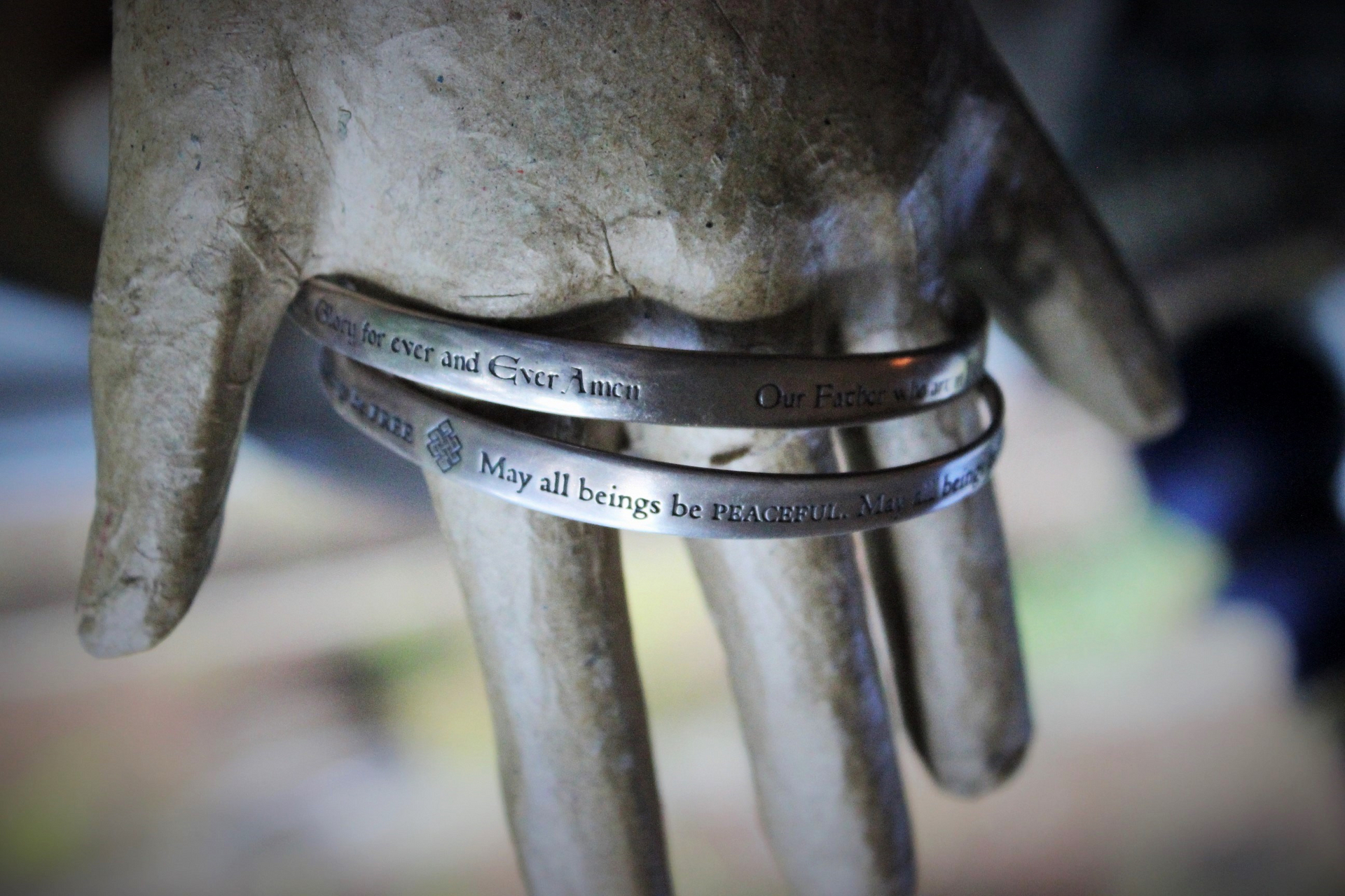 Vintage Sterling Mobious Engraved Bangles with The Lord's Prayer and The Sanskrit Peace Prayer,Antique Medals,Sterling Tassel,Antique Crystal Drop