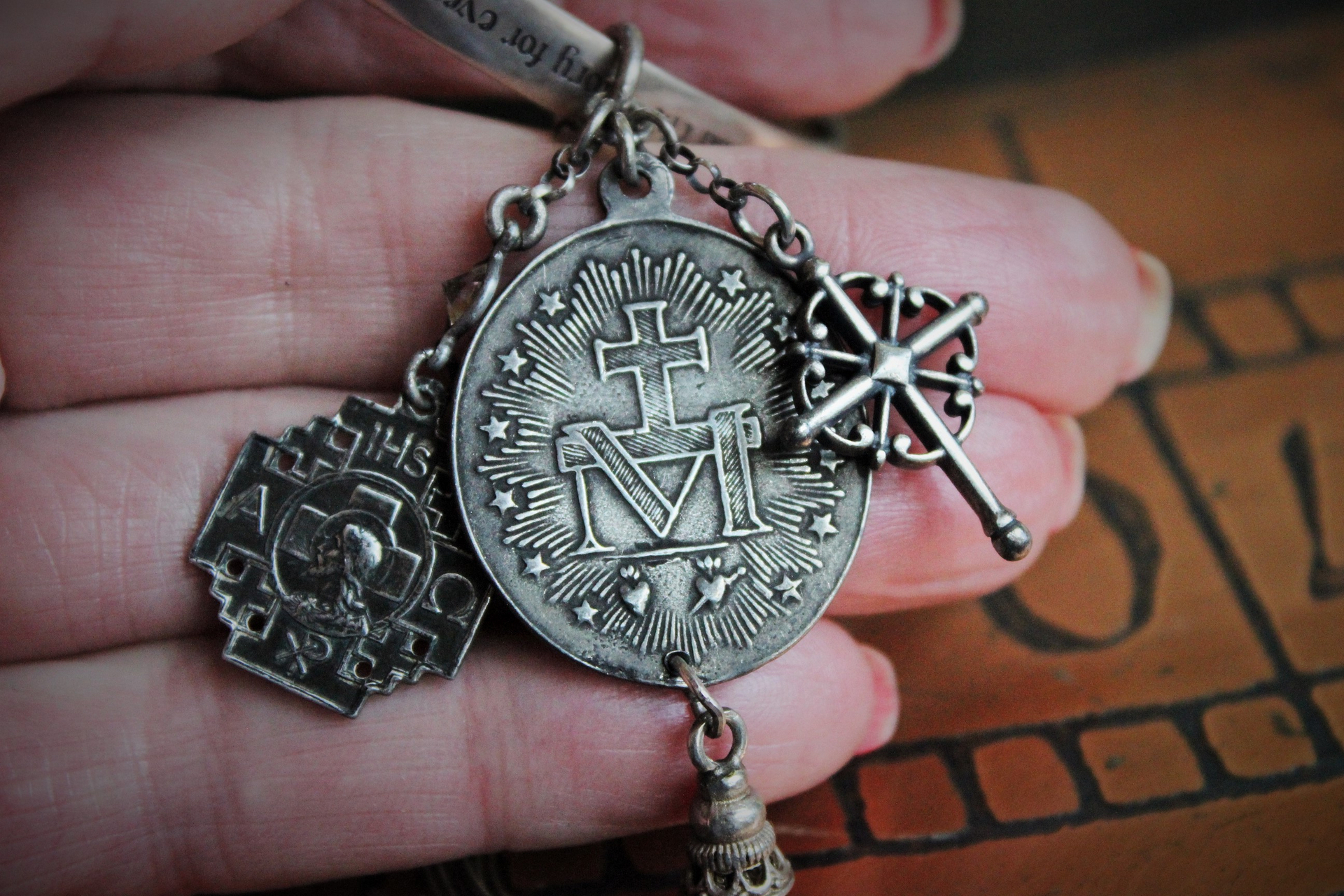 Vintage Sterling Mobious Engraved Bangles with The Lord's Prayer and The Sanskrit Peace Prayer,Antique Medals,Sterling Tassel,Antique Crystal Drop