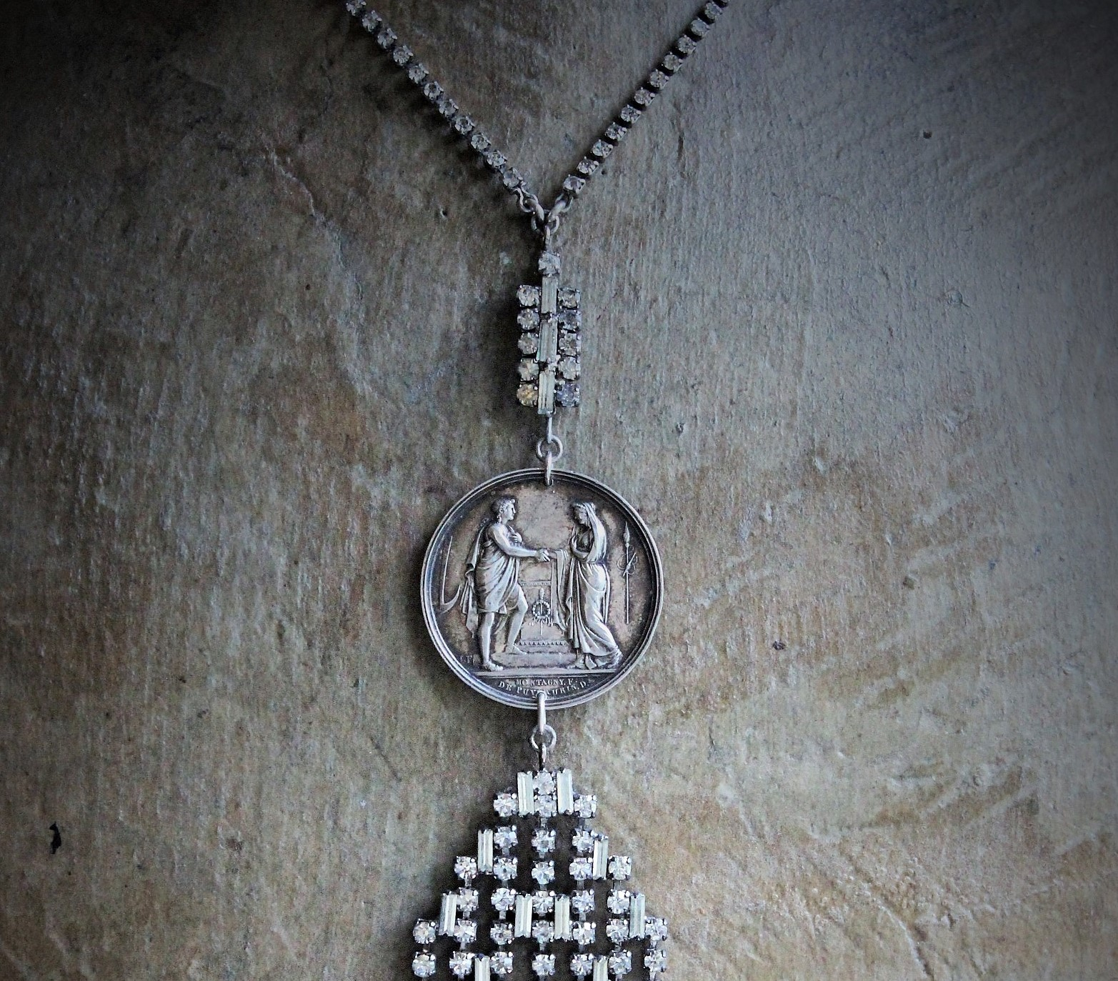 Love is Sufficient Necklace w/Antique French Union Monogrammed Medal,Antique Faceted Rhinestone Findings,Antique Faceted Rhinestone Chain,Sterling Belcher Chain Extensions
