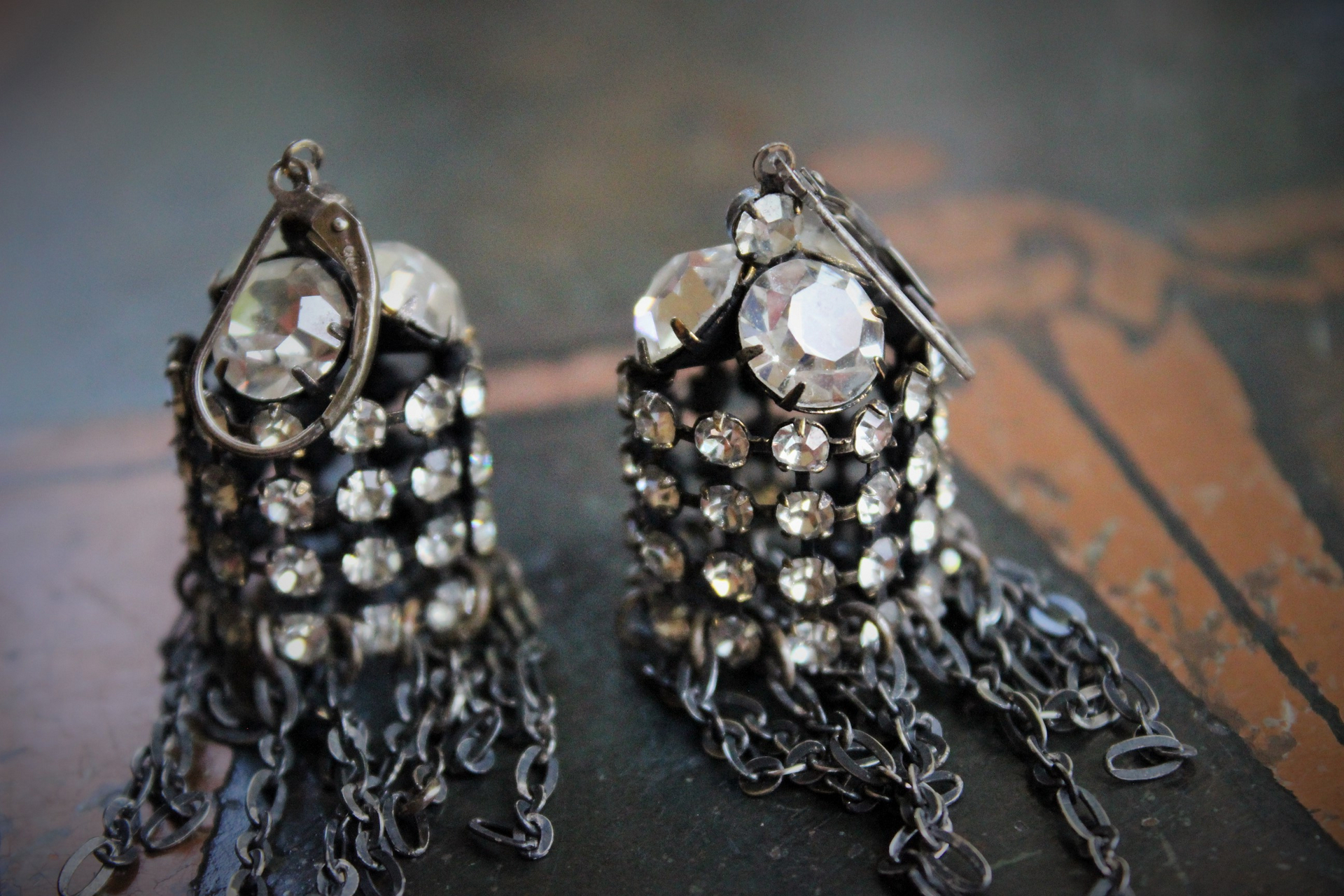 Unique Antique Faceted Rhinestone & Sterling Chain Earrings