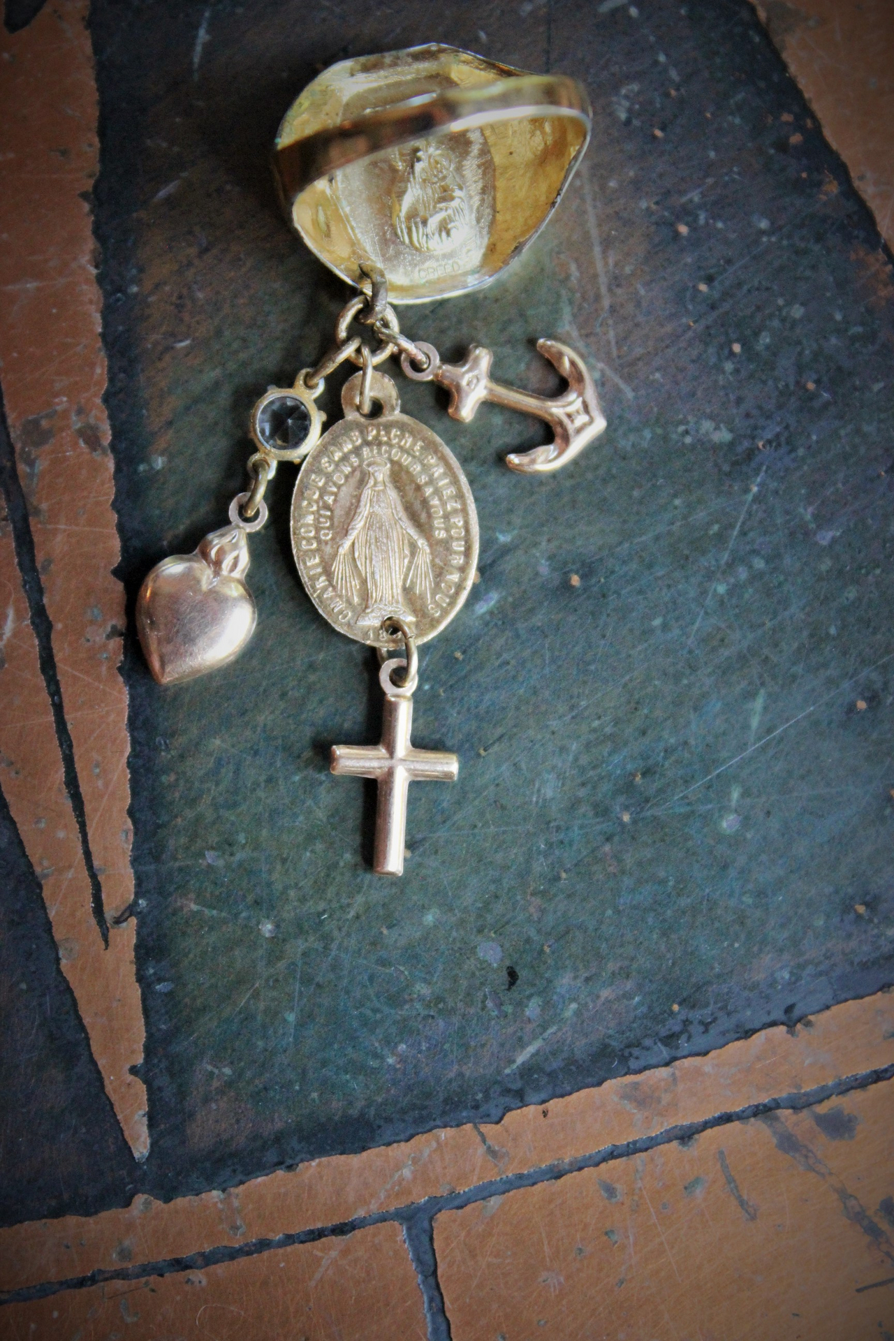 Antique Sterling Vermeil Sacred Heart of Jesus Ring w/Antique Gold Faith,Hope & Charity Medals,Antique French Sacred Heart of Jesus & Marian Medal