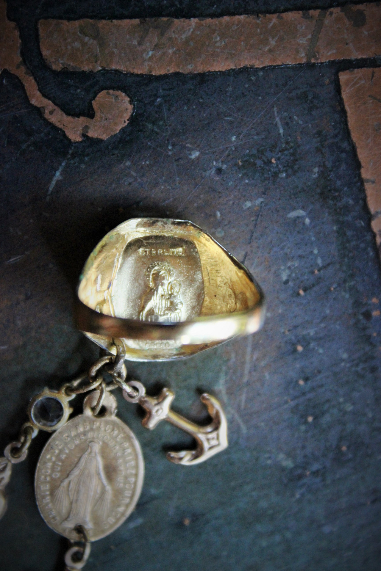 Antique Sterling Vermeil Sacred Heart of Jesus Ring w/Antique Gold Faith,Hope & Charity Medals,Antique French Sacred Heart of Jesus & Marian Medal
