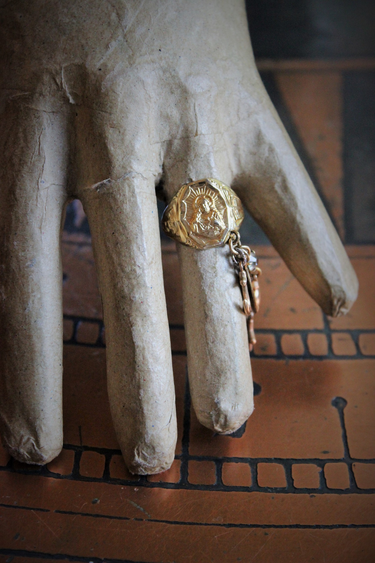 Antique Sterling Vermeil Sacred Heart of Jesus Ring w/Antique Gold Faith,Hope & Charity Medals,Antique French Sacred Heart of Jesus & Marian Medal