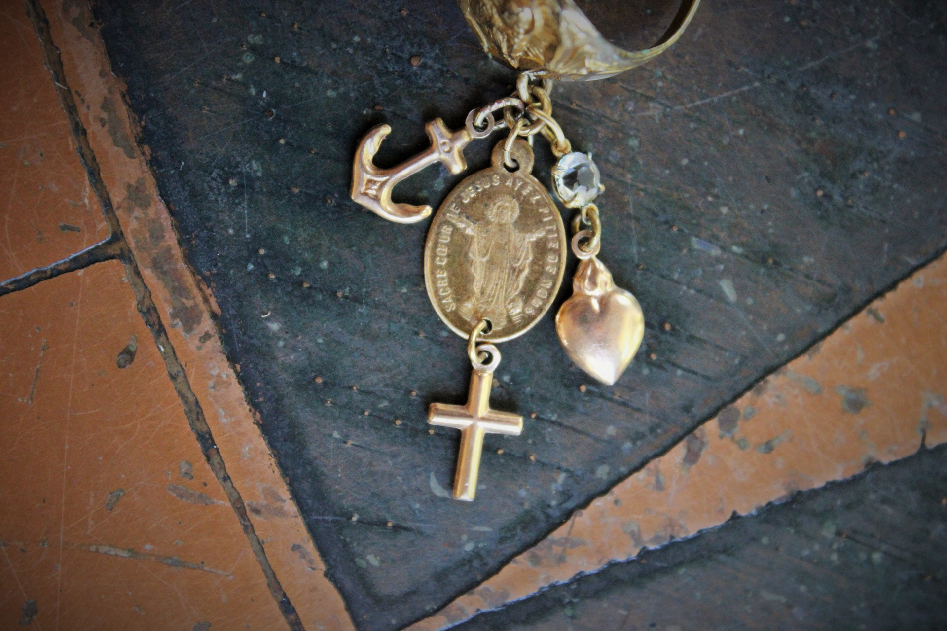 Antique Sterling Vermeil Sacred Heart of Jesus Ring w/Antique Gold Faith,Hope & Charity Medals,Antique French Sacred Heart of Jesus & Marian Medal