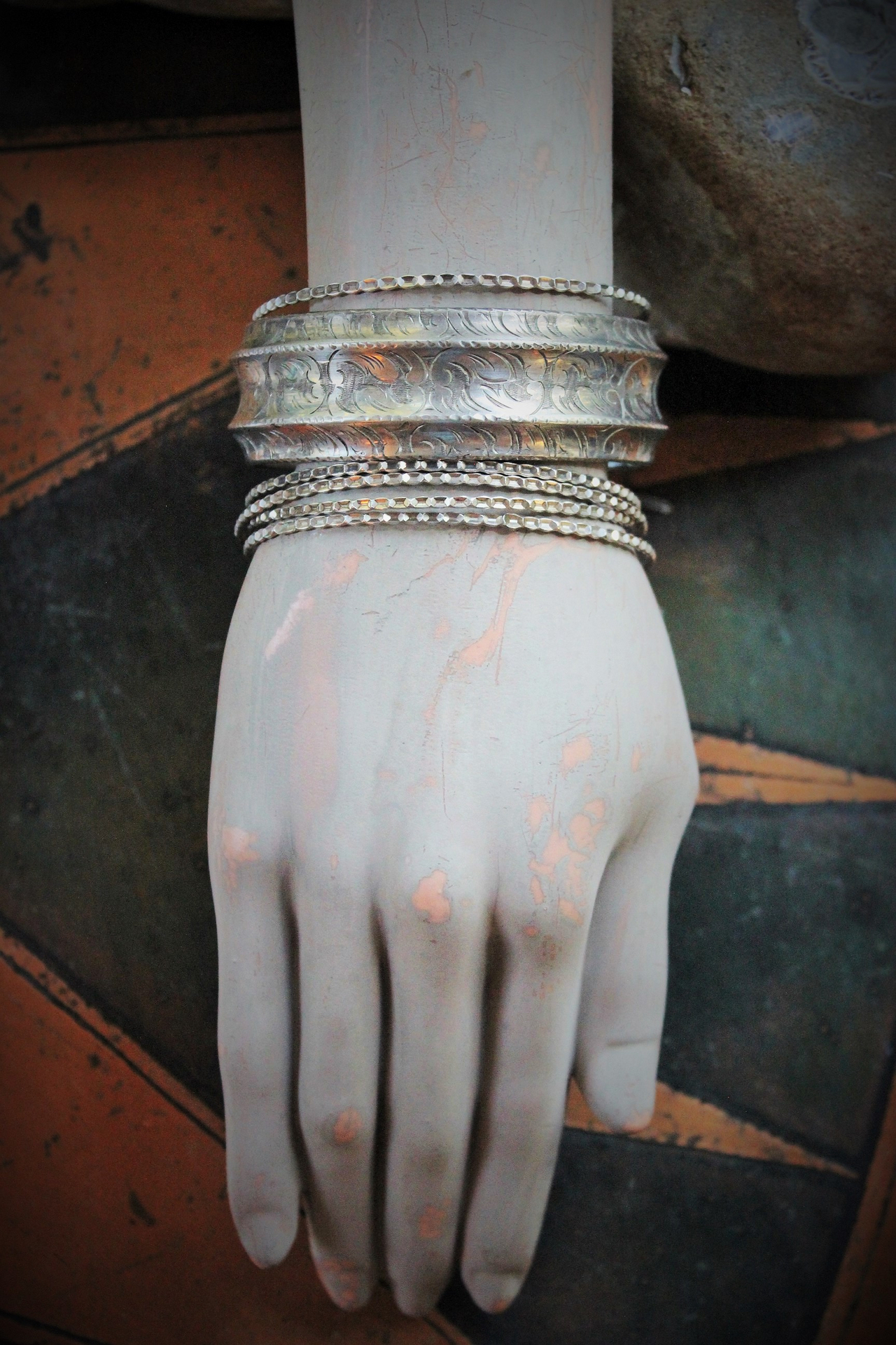 Set of 6 Antique Sterling Stacking Bangle Bracelets w/Rare Antique French Engraved Our Lady Medal,Antique Faceted Rock Crystal Tear Drop,Antique French Paste Connector & More!
